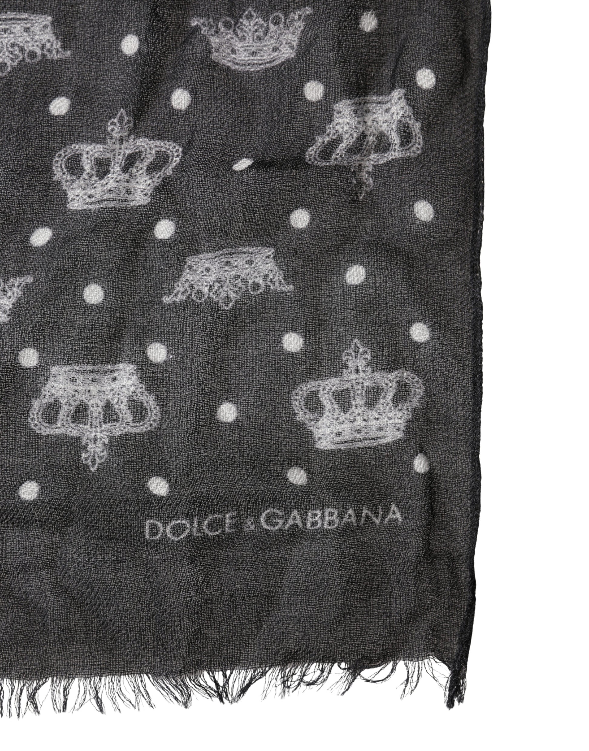 Black Wool Crown Print Fringe Neck Wrap 180cm x 65cm Scarf