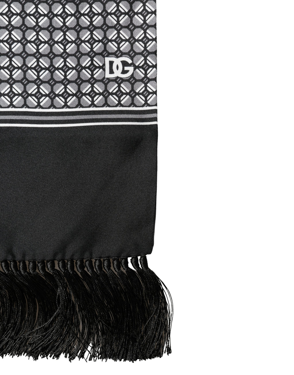 Black Silk Geometric Fringed Foulard 140cm x 15cm Scarf