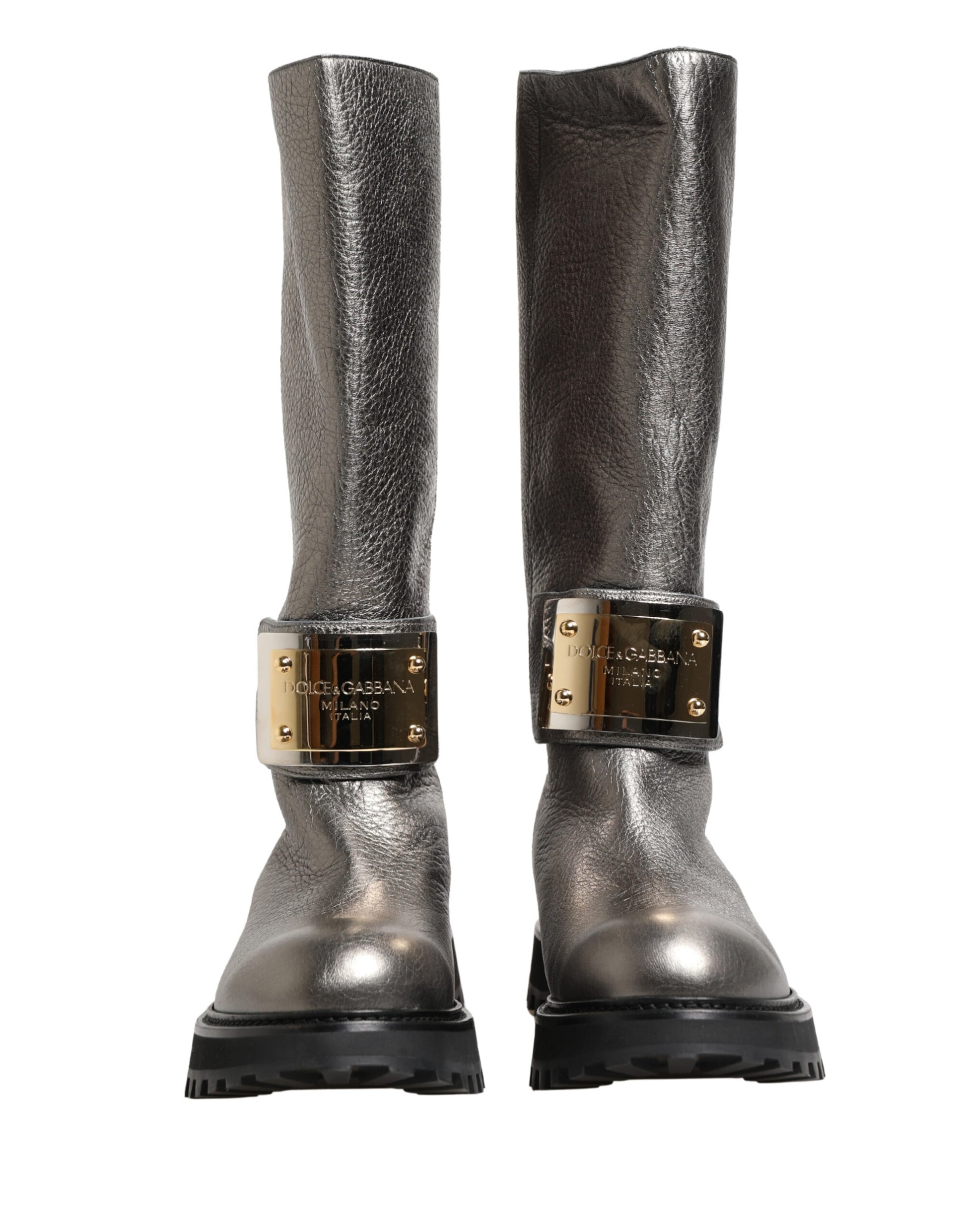 Metallic Silver Leather Mid Calf Boots Shoes