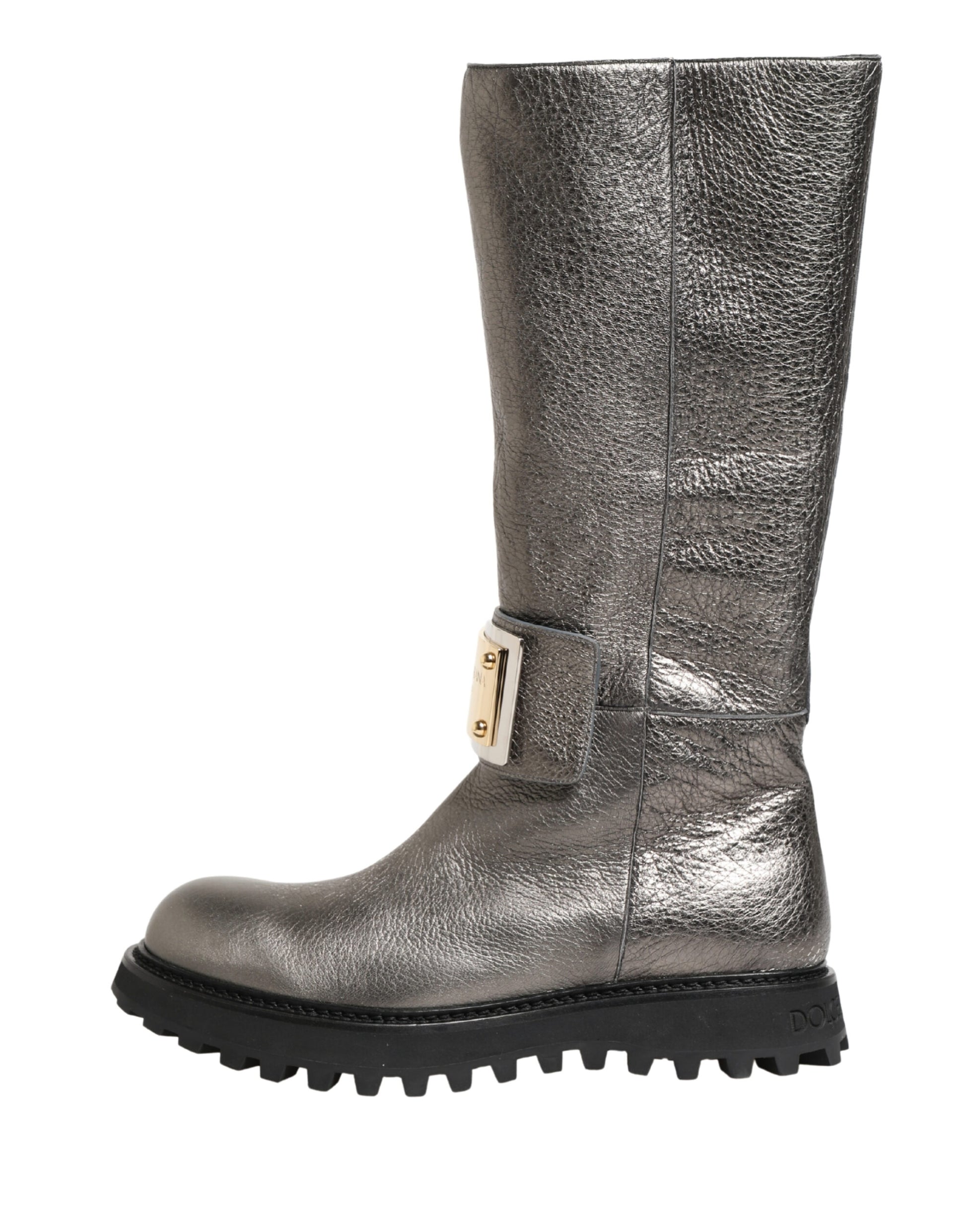Metallic Silver Leather Mid Calf Boots Shoes