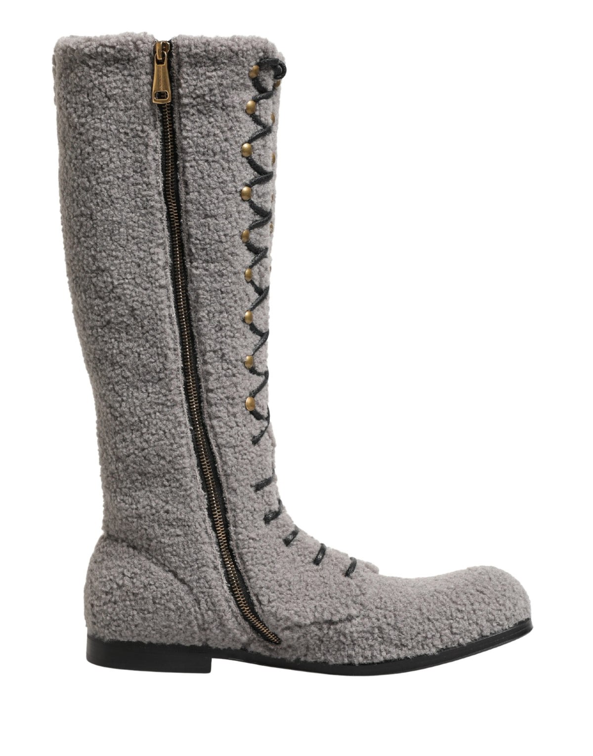 Gray Shearling Lace Up Knee High Boots Shoes