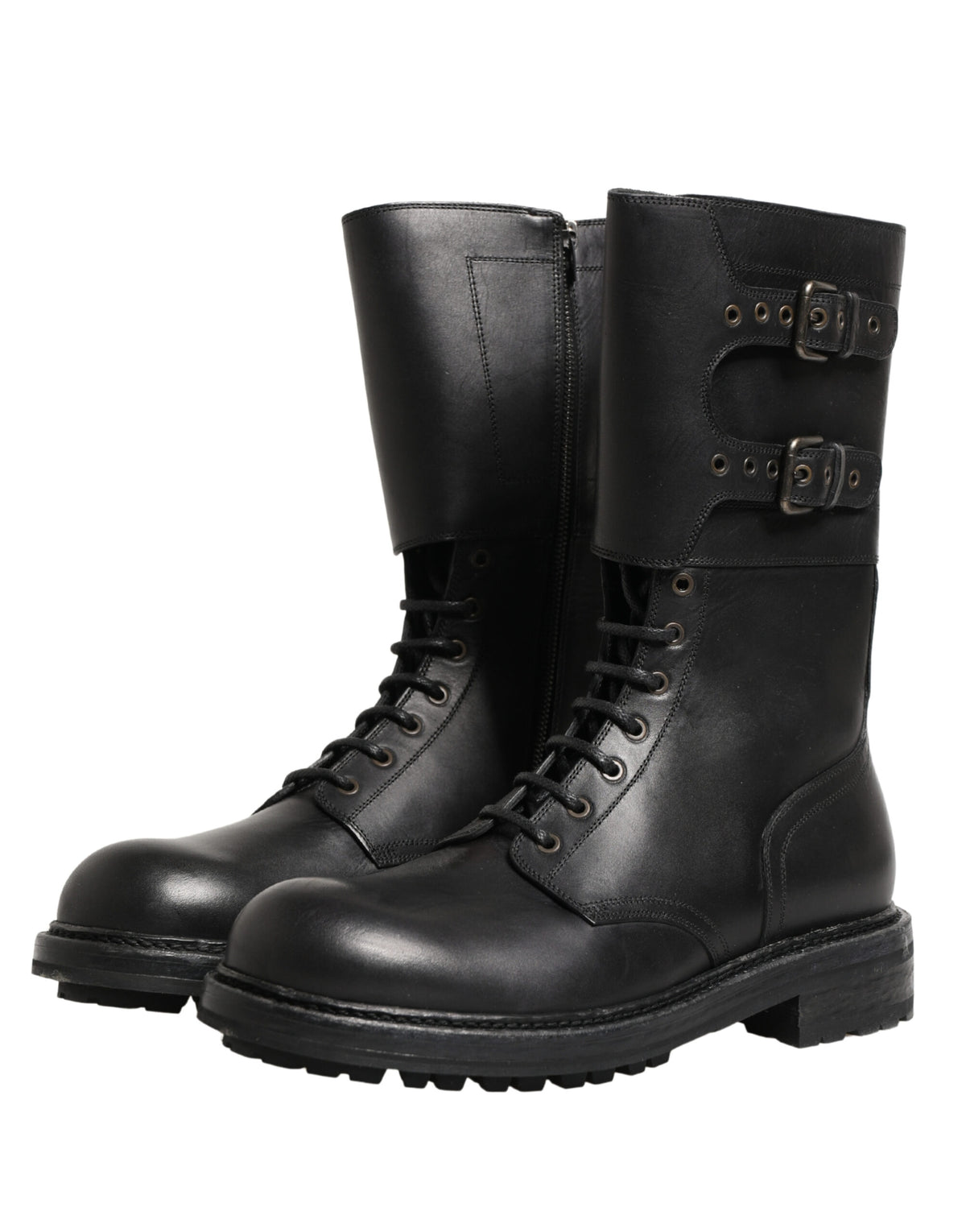 Black Leather Belted Buckle Combat Boots Shoes