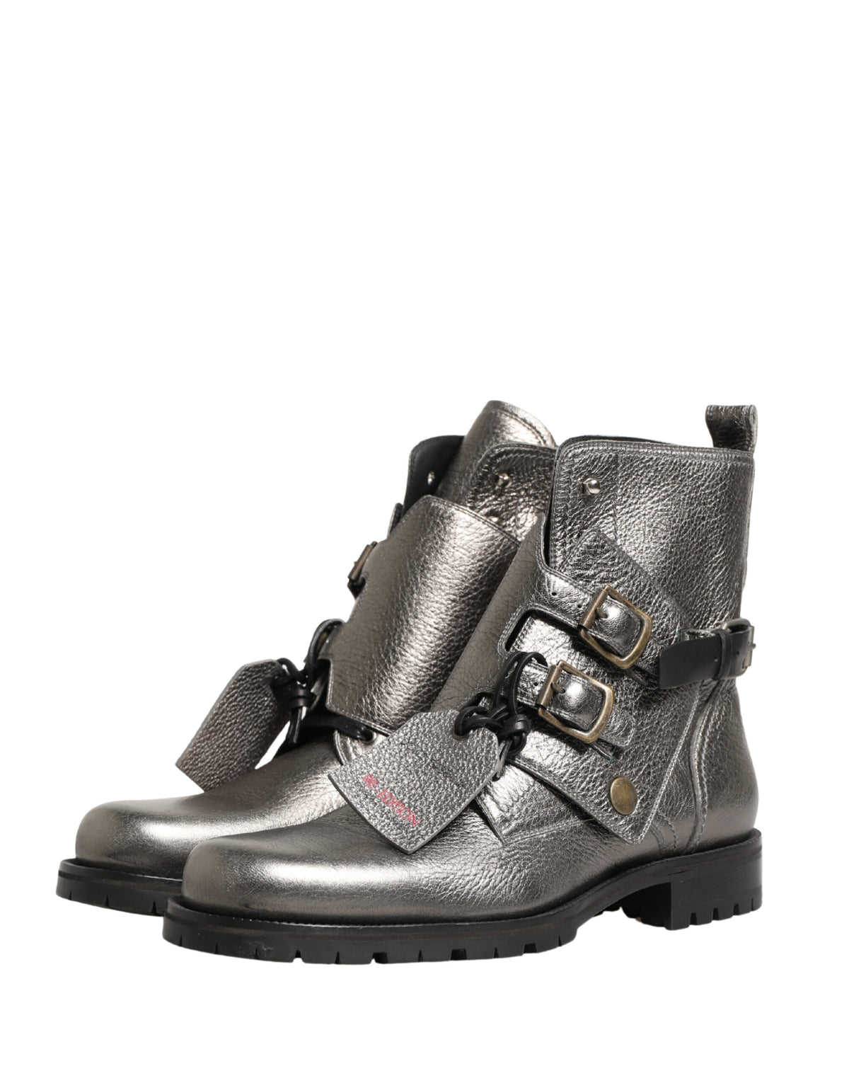 Metallic Silver Leather Buckle Ankle Boots Shoes
