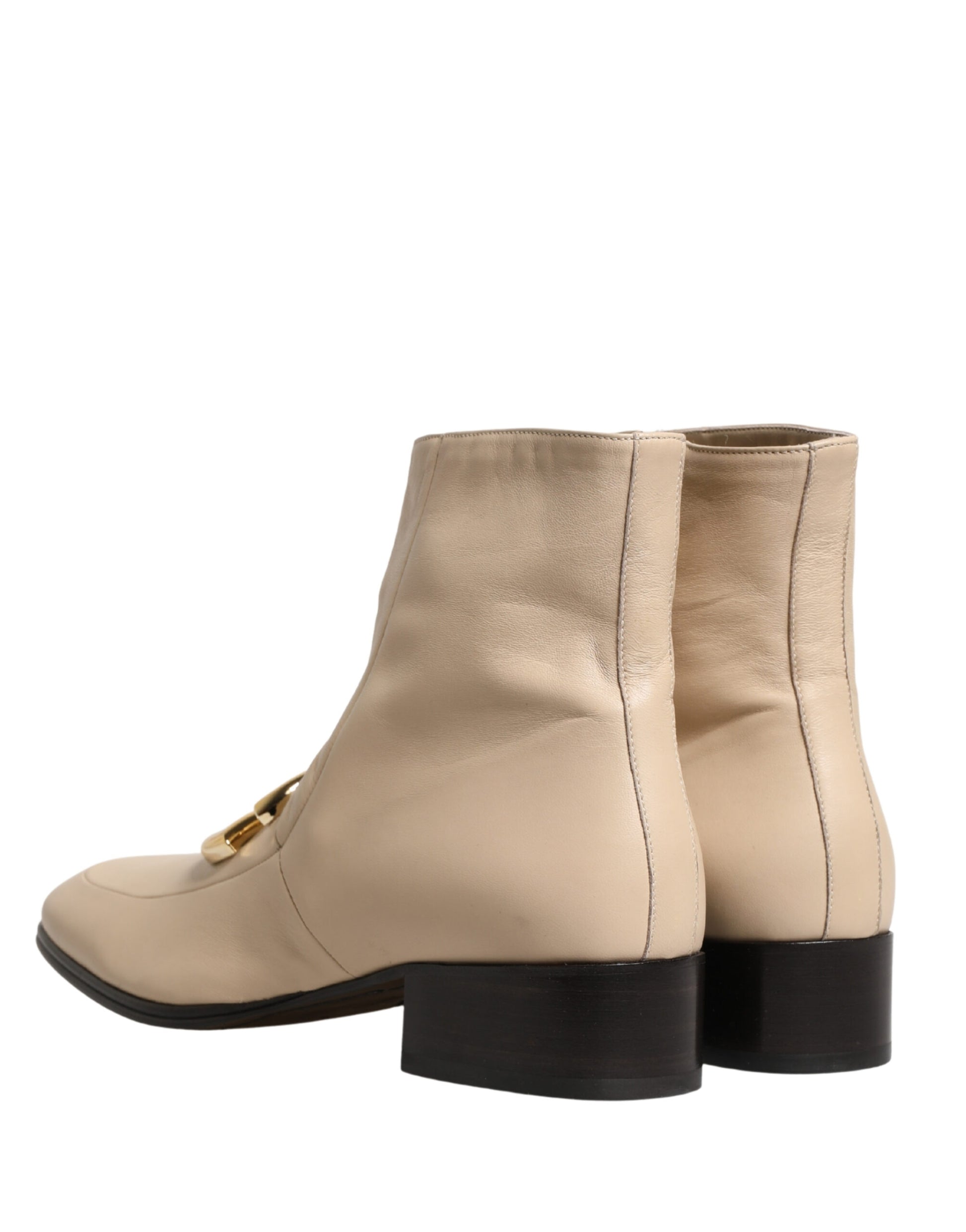 Beige Leather Logo Plaque Ankle Boots Shoes