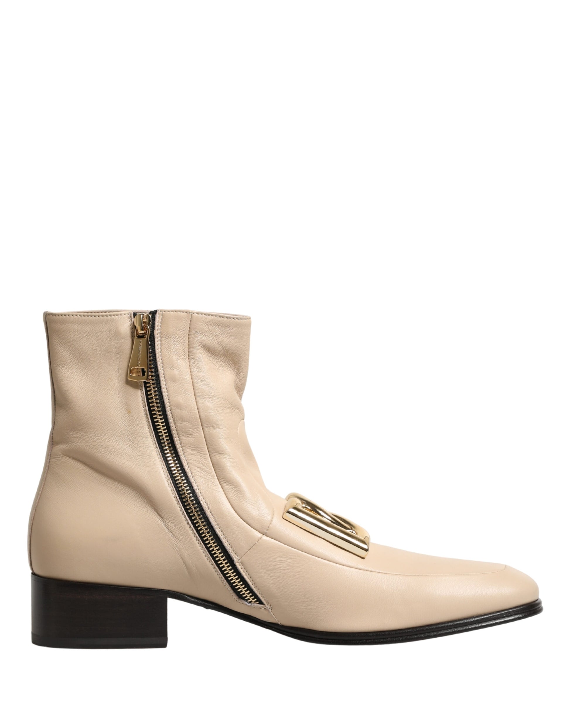 Beige Leather Logo Plaque Ankle Boots Shoes