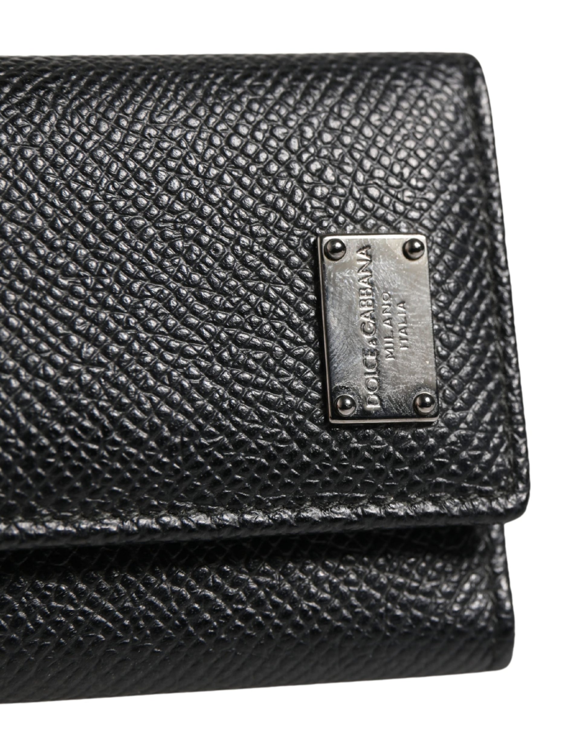 Black Leather Silver Metal Logo Plaque Trifold Keyring