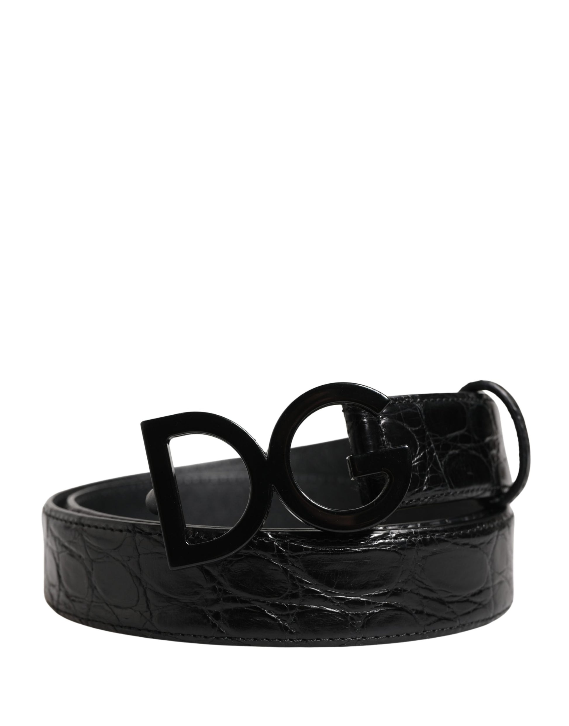 Men Black Exotic Leather Logo Buckle Belt