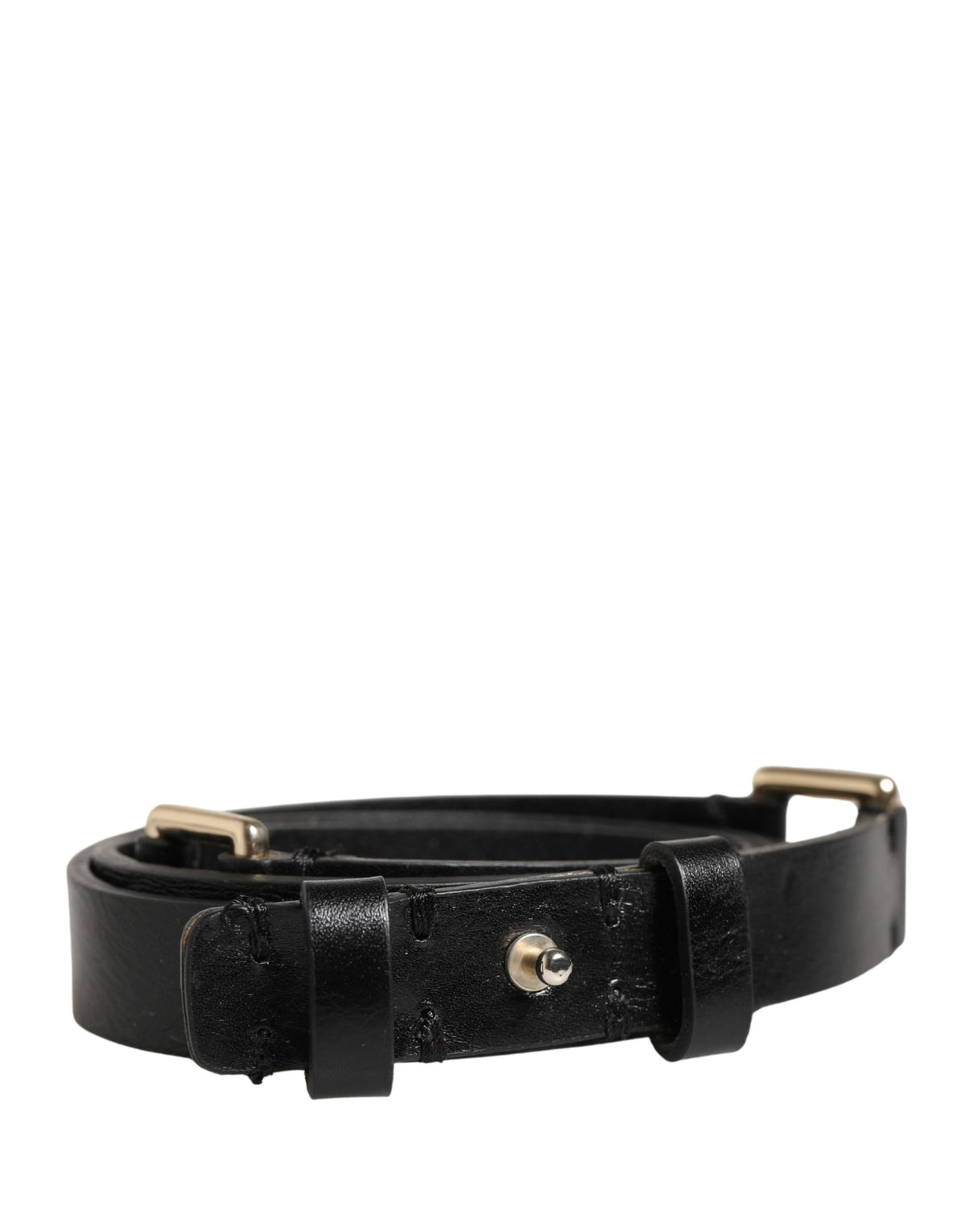 Black Leather Thin Gold Metal Brass Buckle Waist Belt