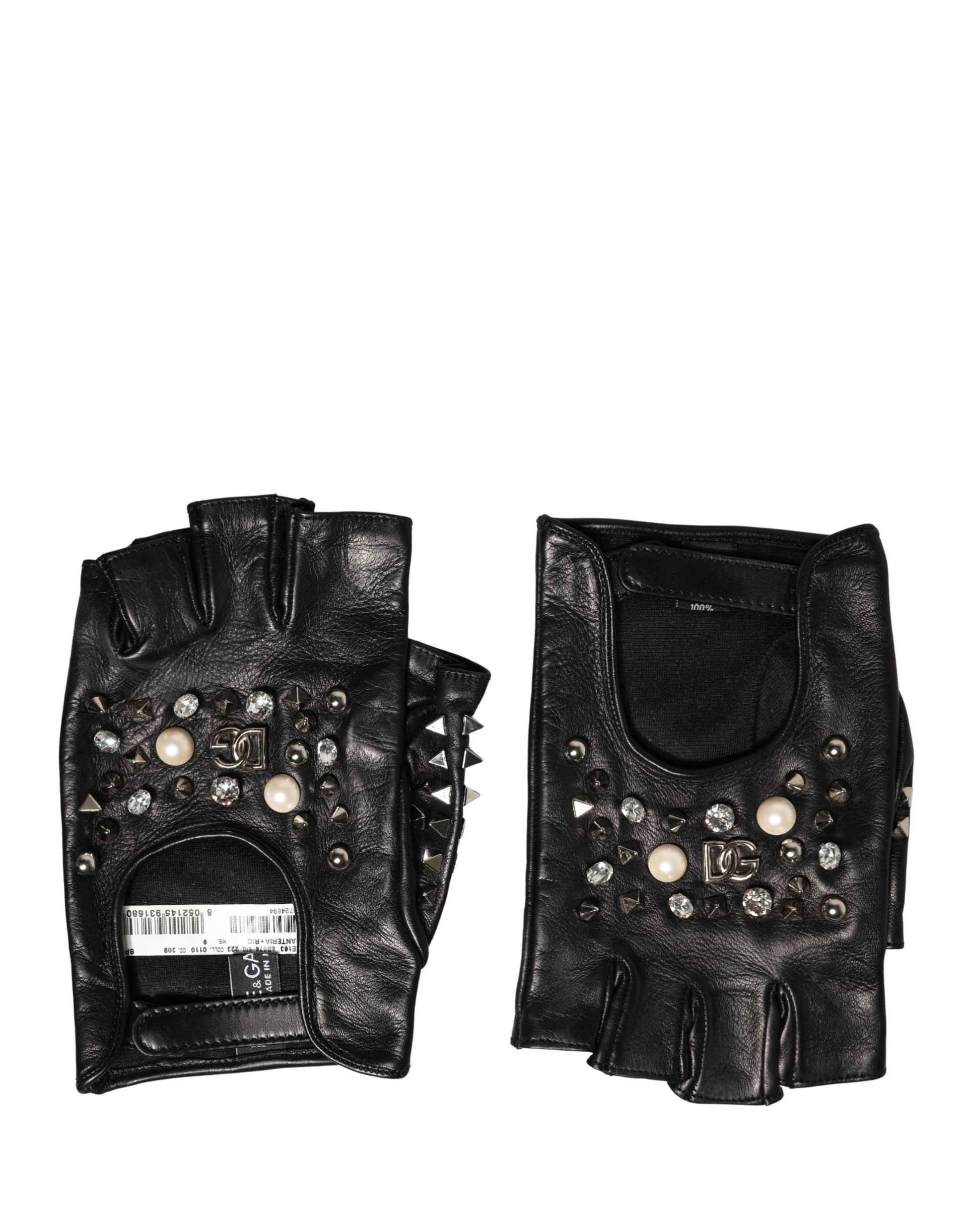 Black Embellished Wrist Length Mitten Women Gloves