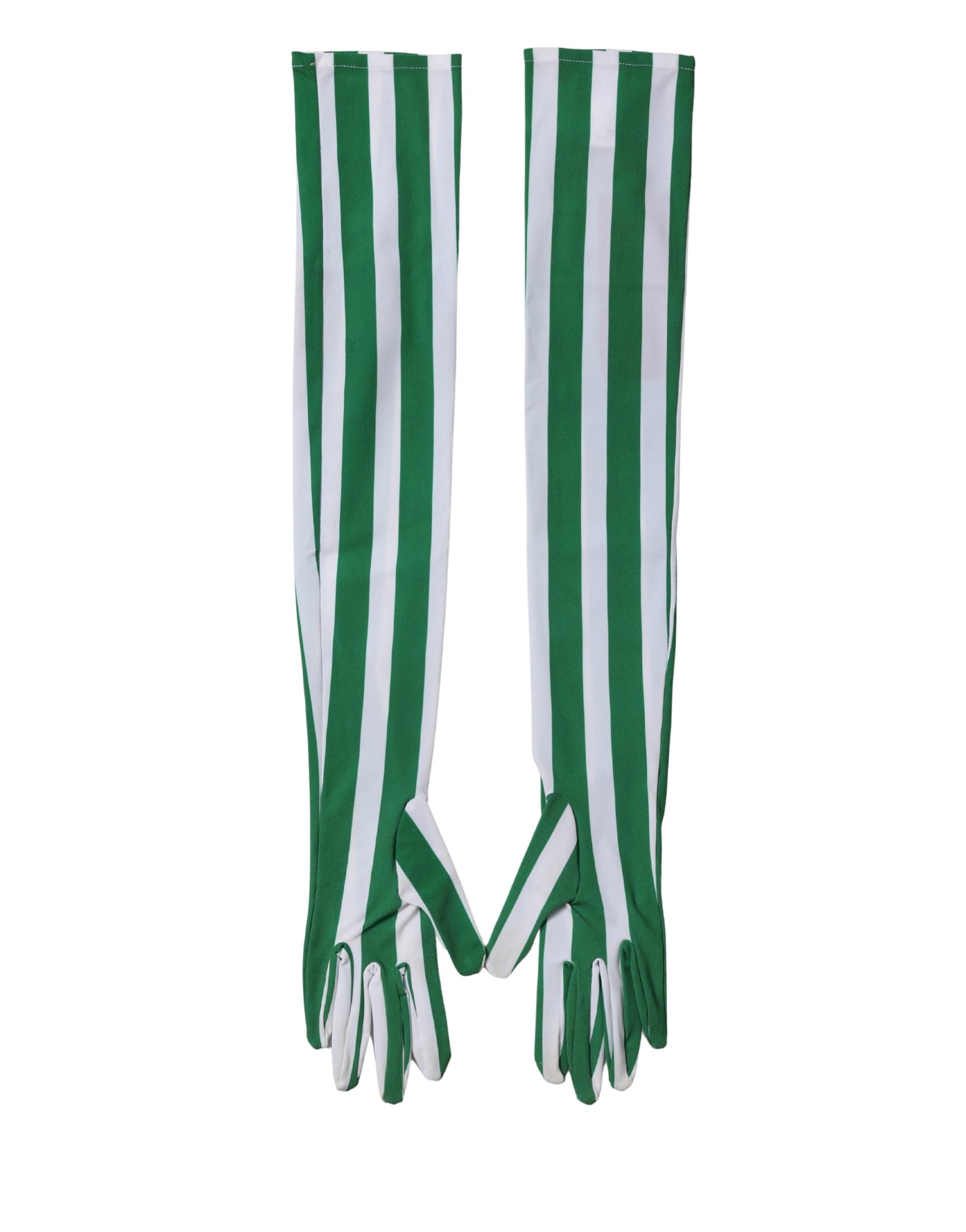 Green White Stripes Nylon Elbow Length Women Gloves