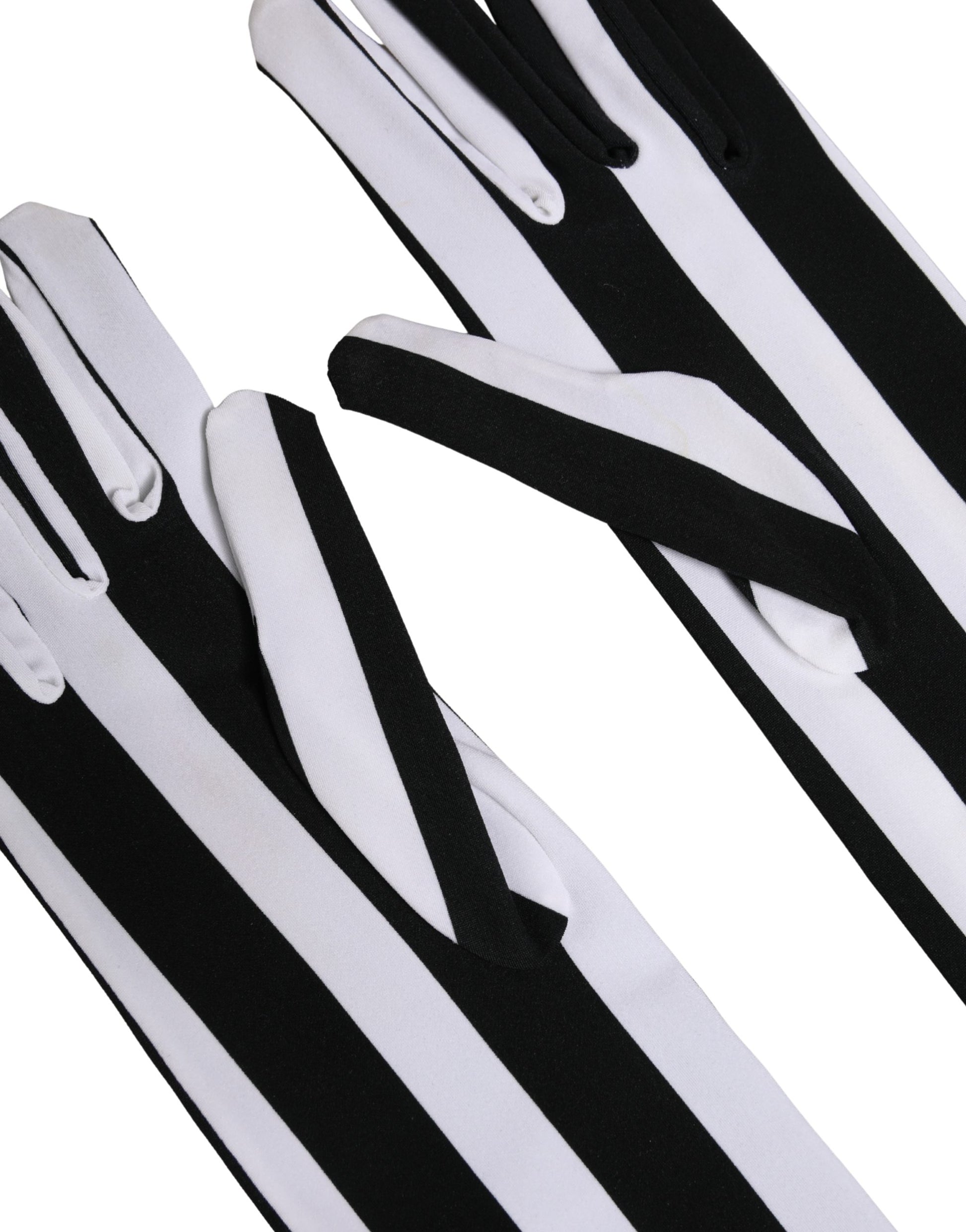 Black White Stripes Nylon Elbow Length Women Gloves