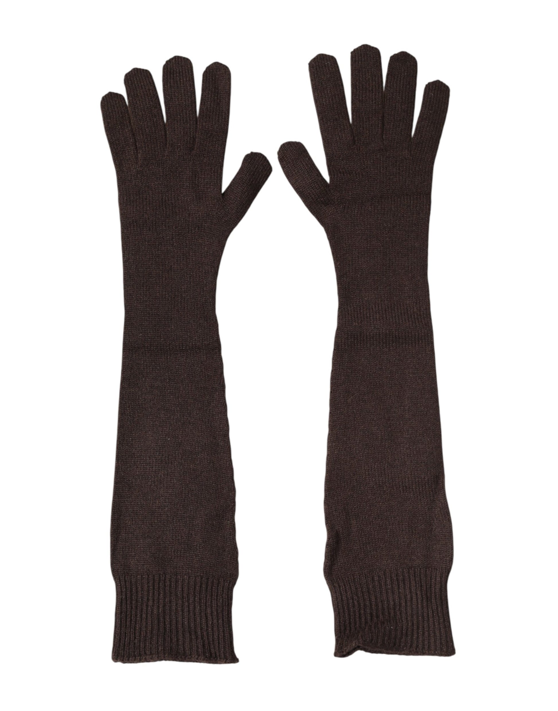 Brown Cashmere Knitted Elbow Length Mitten Gloves