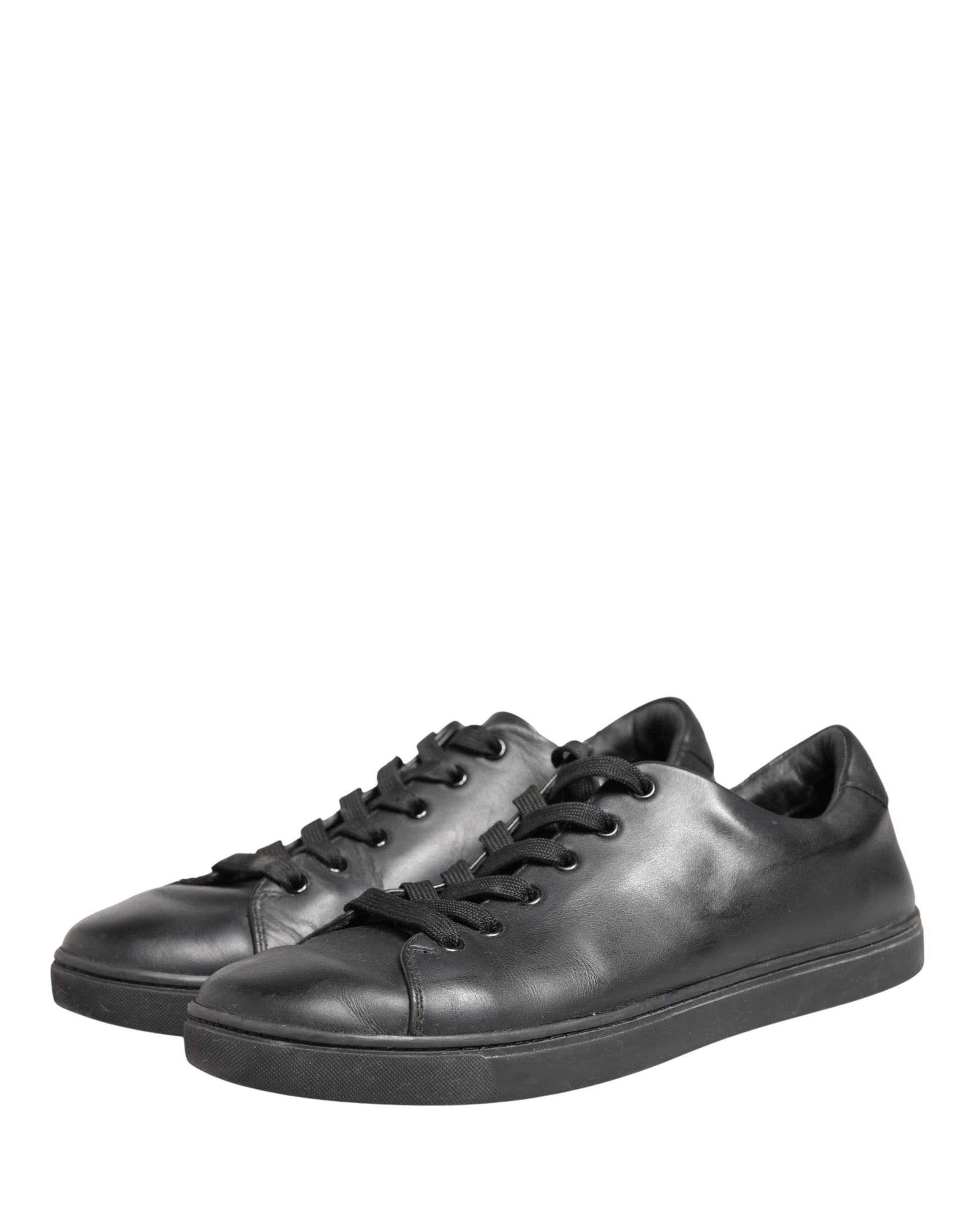 Black Leather Low Top Lace Up Sneakers Shoes