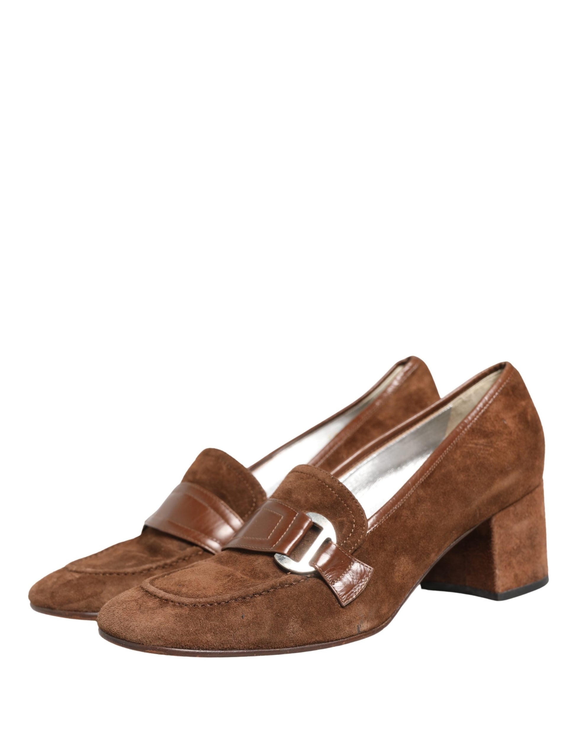 Brown Suede Block Heels Slip On Loafers Shoes