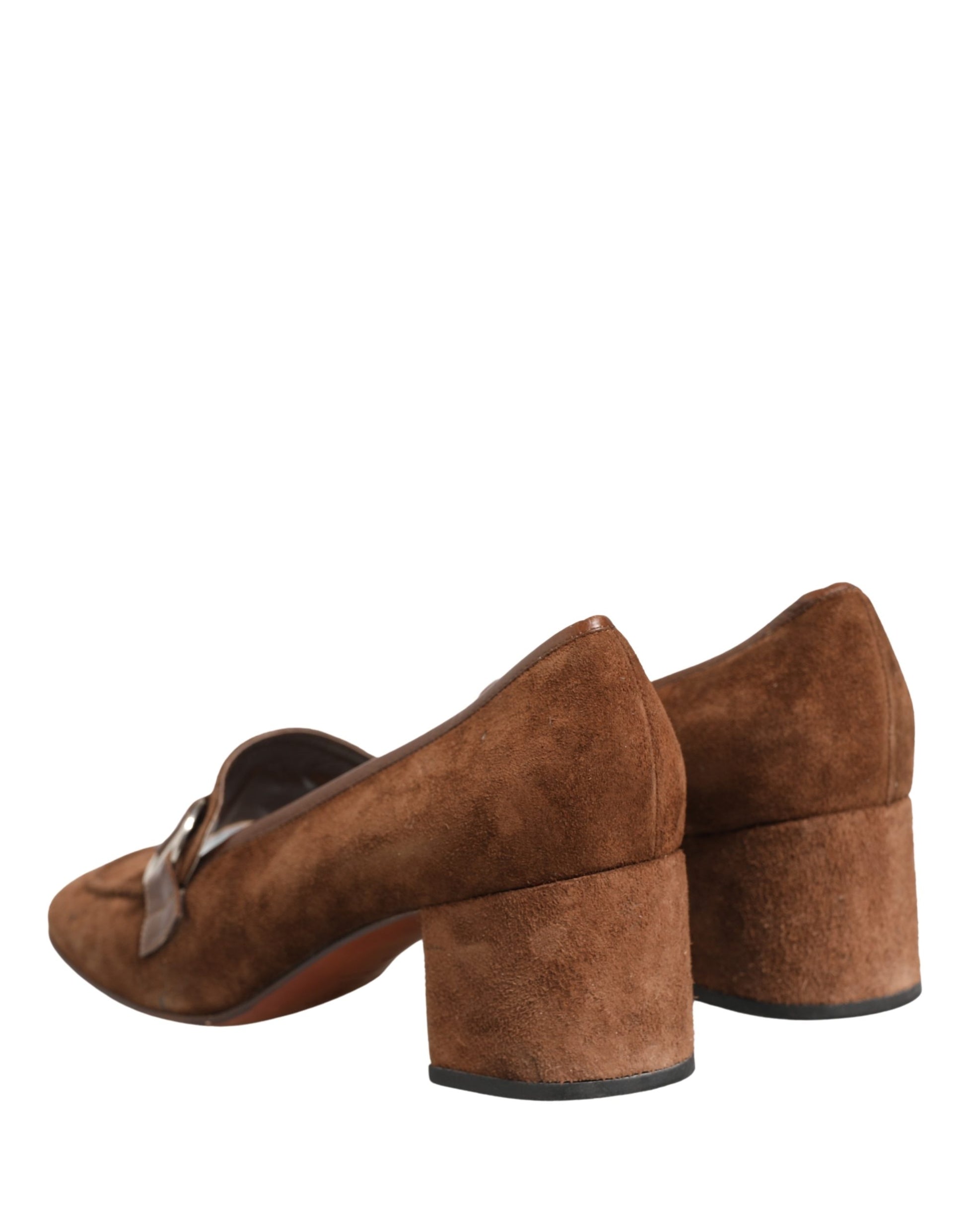 Brown Suede Block Heels Slip On Loafers Shoes