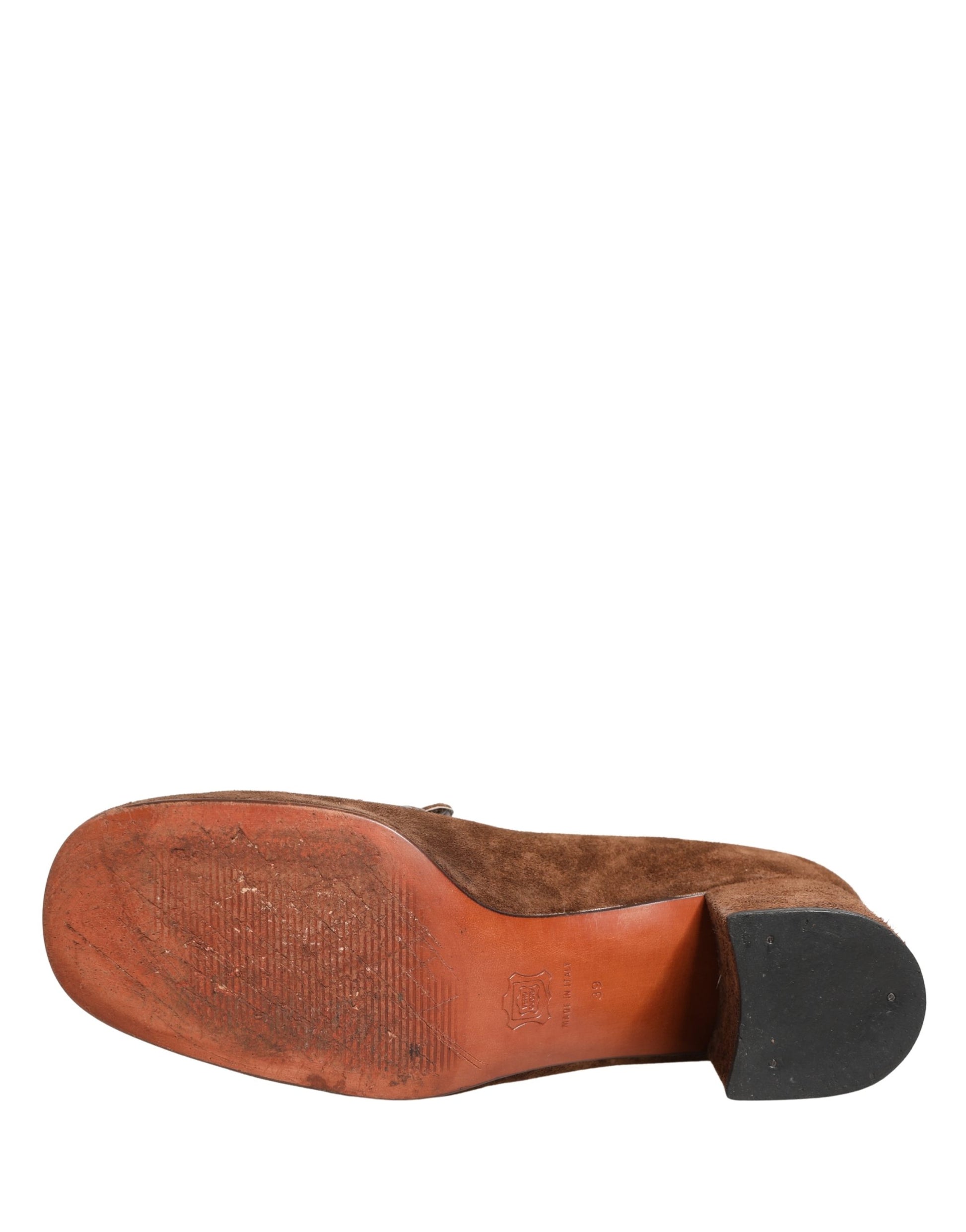 Brown Suede Block Heels Slip On Loafers Shoes