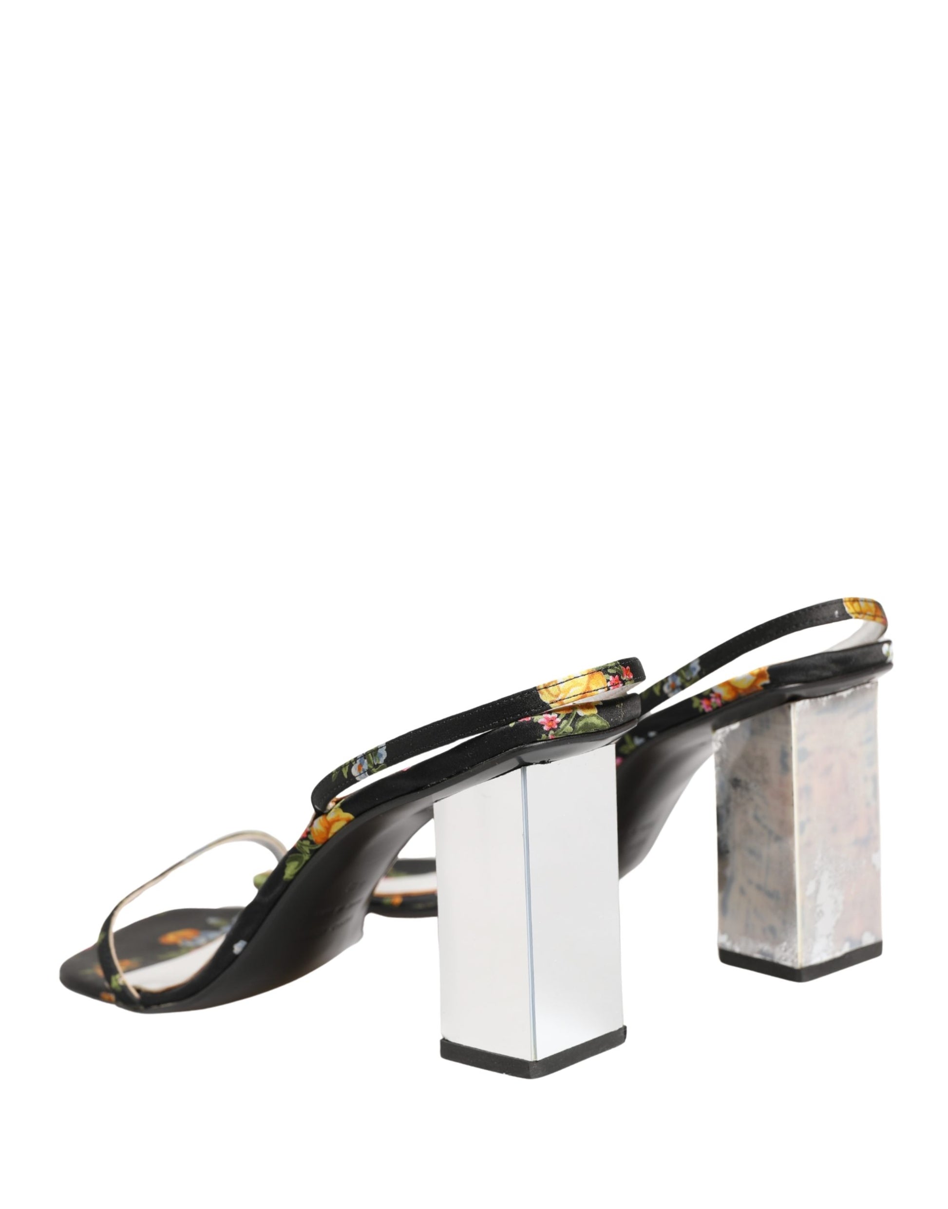Black Silver Floral Block Heels Sandals Shoes
