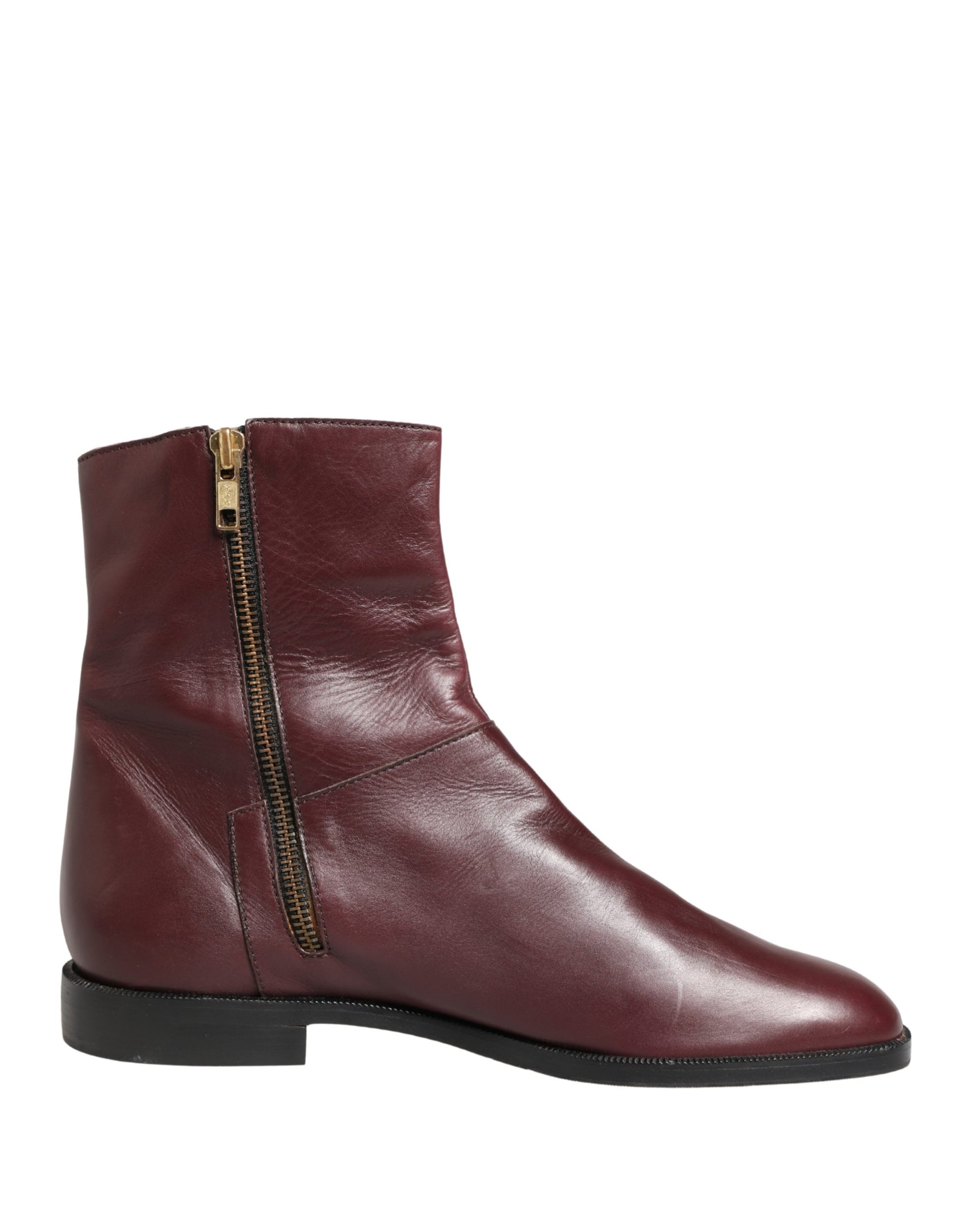 Maroon Leather Flats Biker Ankle Boots Shoes