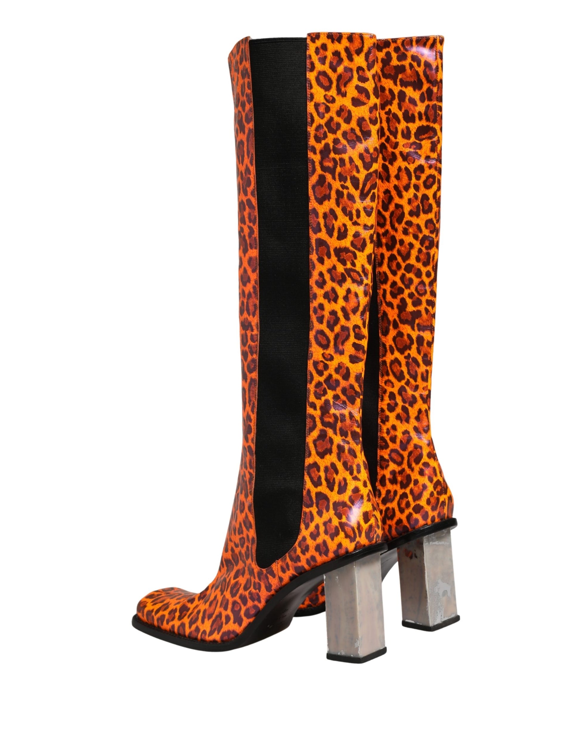 Brown Leopard Leather Knee High Boots Shoes