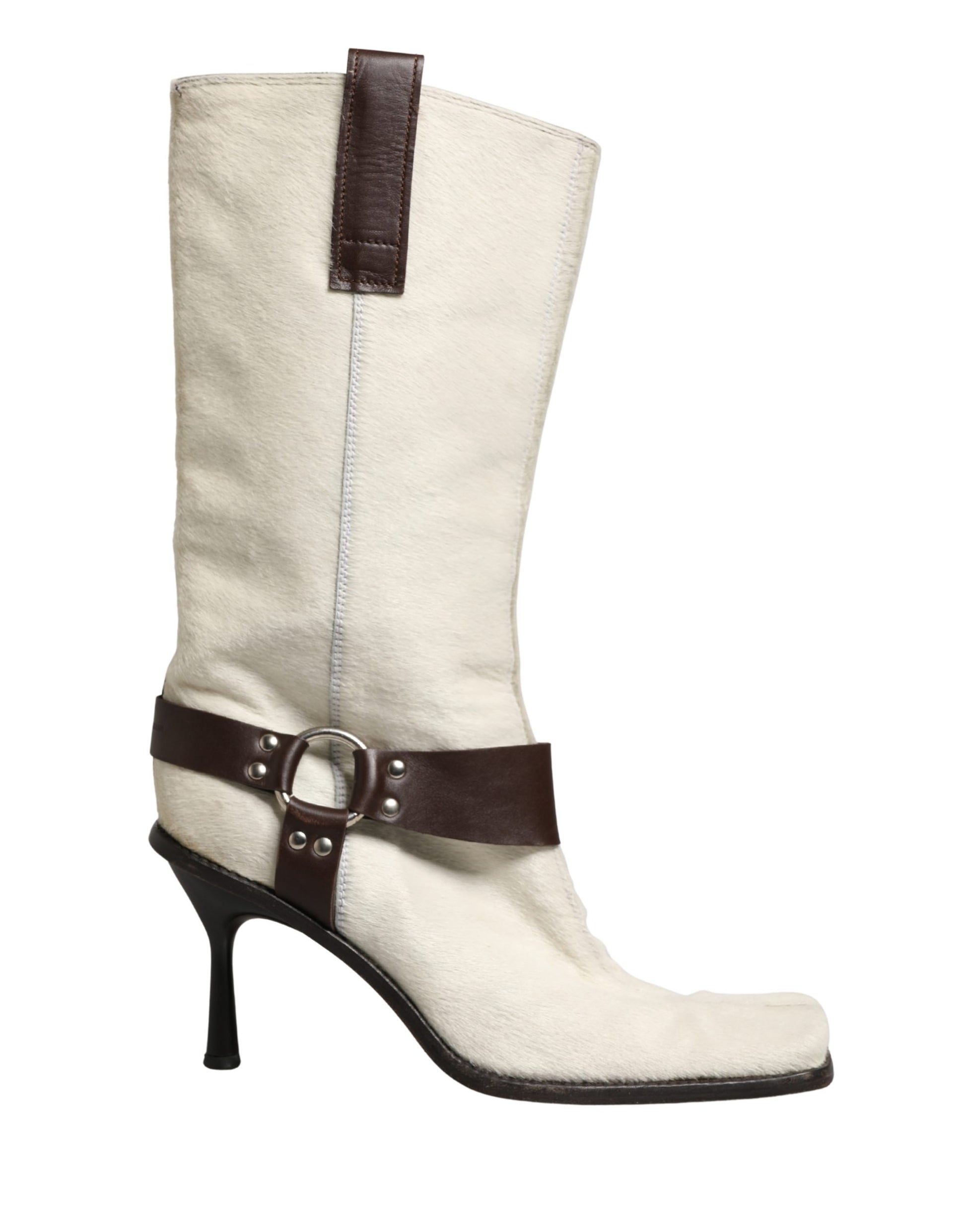 White Brown Fur Leather Mid Calf Boots Shoes