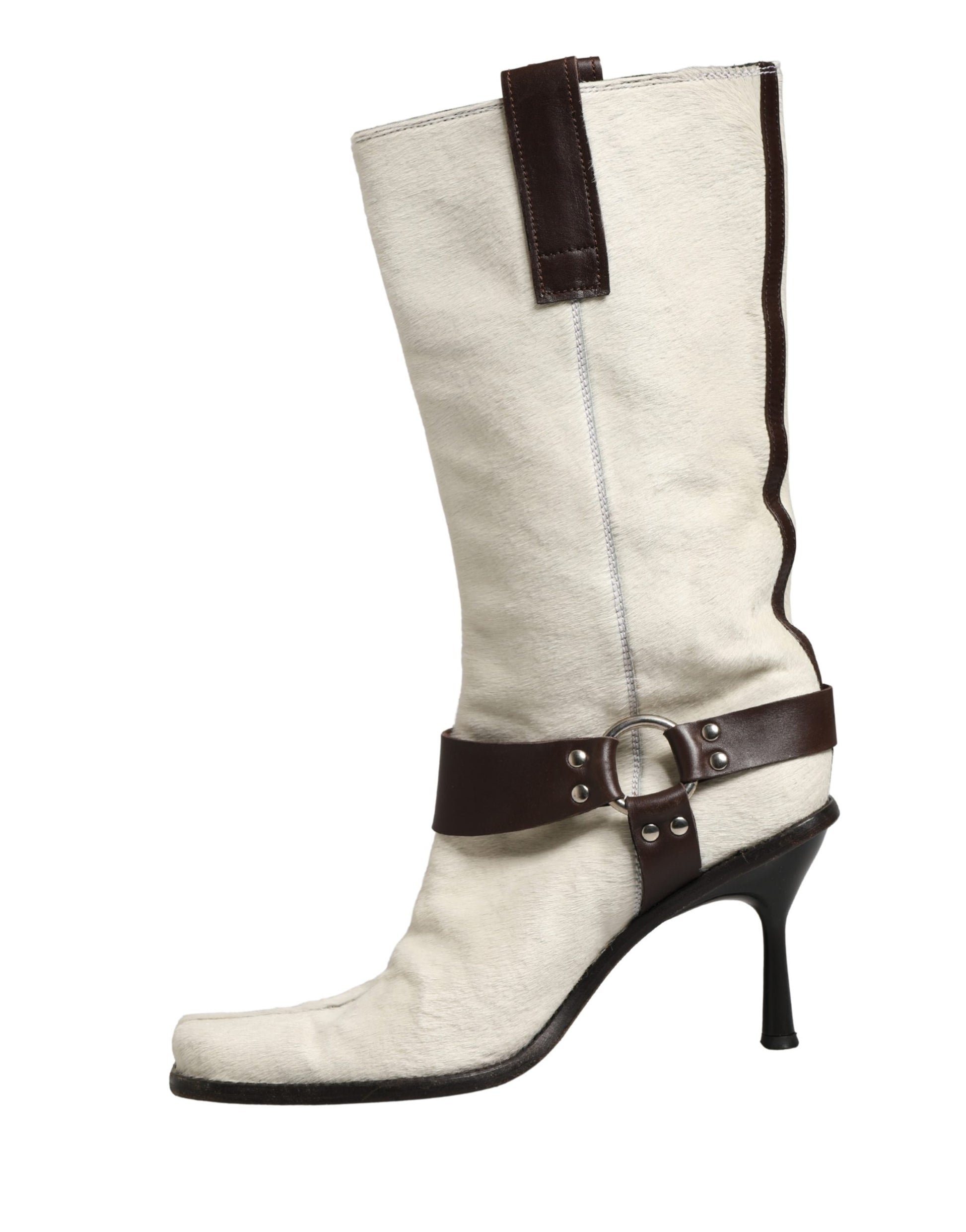 White Brown Fur Leather Mid Calf Boots Shoes