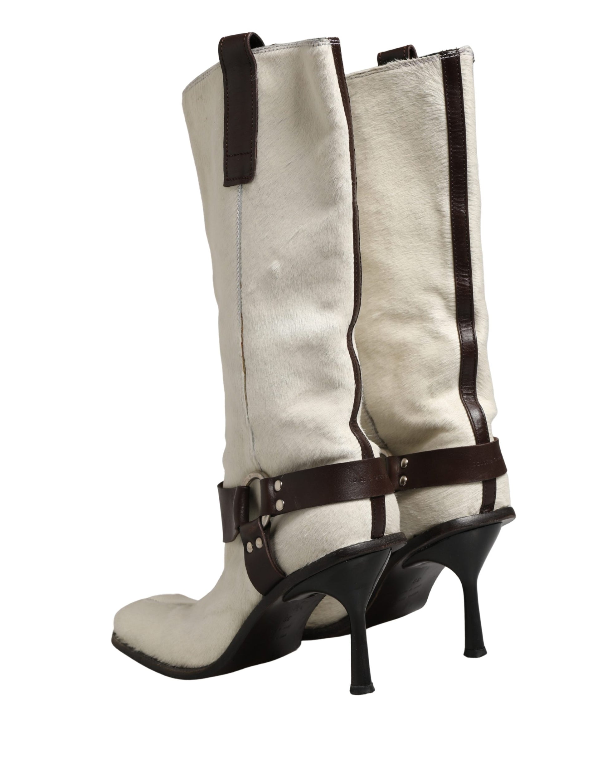 White Brown Fur Leather Mid Calf Boots Shoes