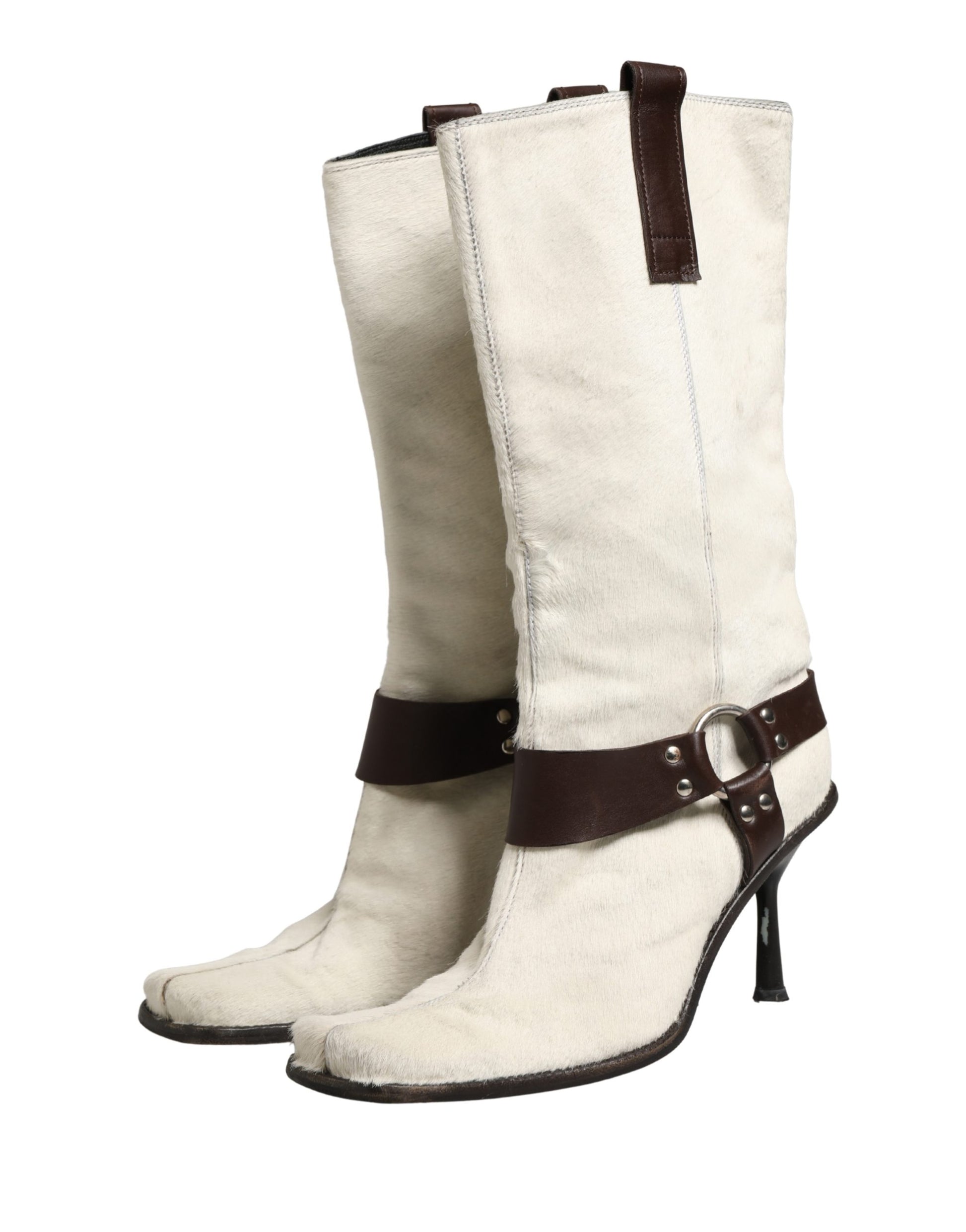 White Brown Fur Leather Mid Calf Boots Shoes