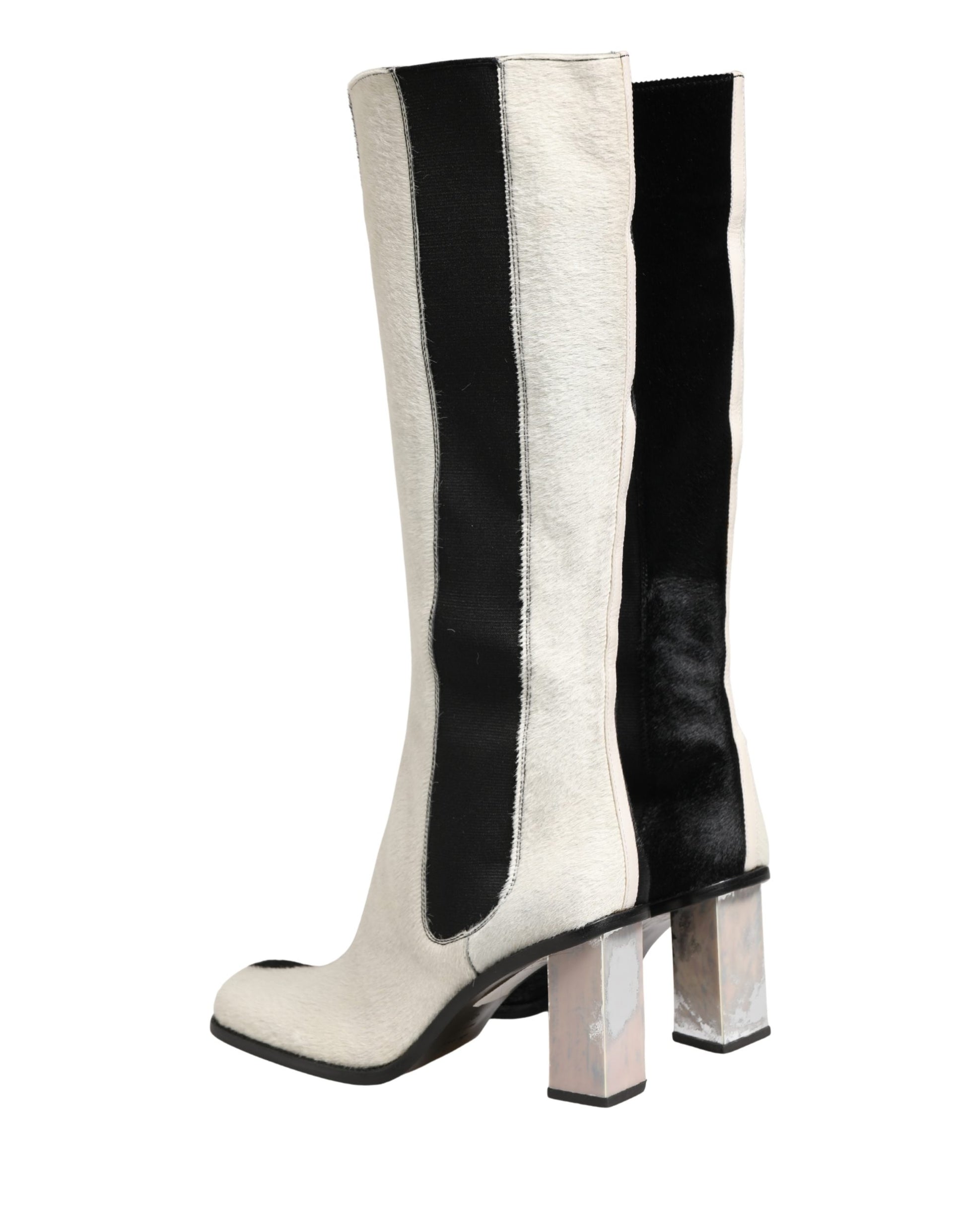 White Black Leather Knee High Boots Shoes