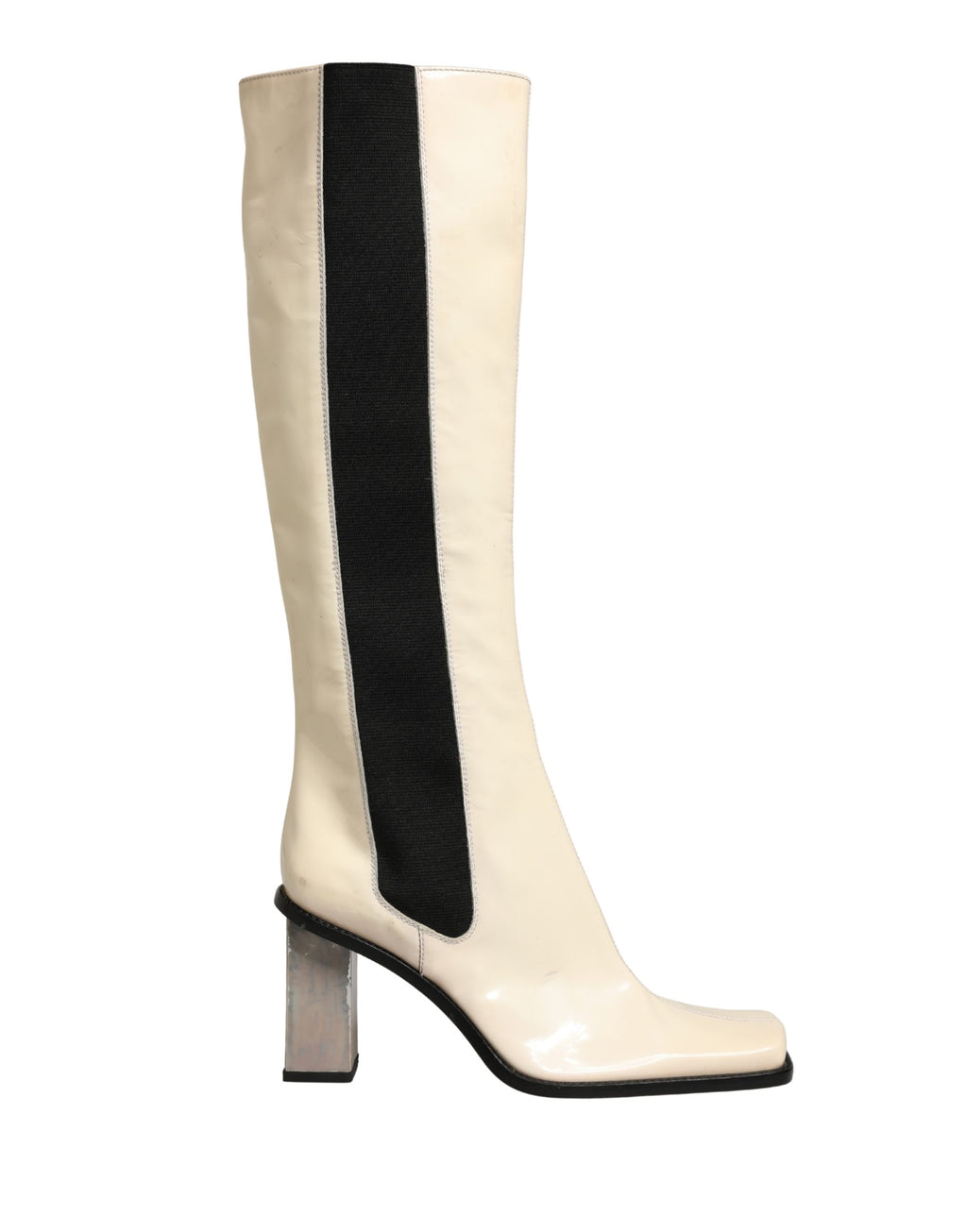 White Black Leather Knee High Boots Shoes