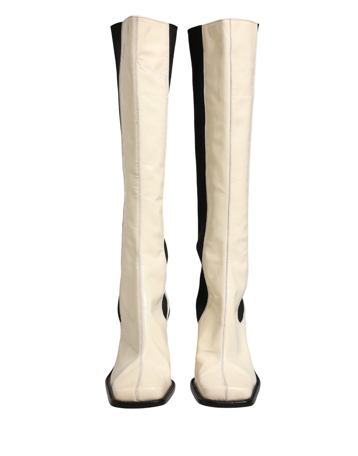 White Black Leather Knee High Boots Shoes