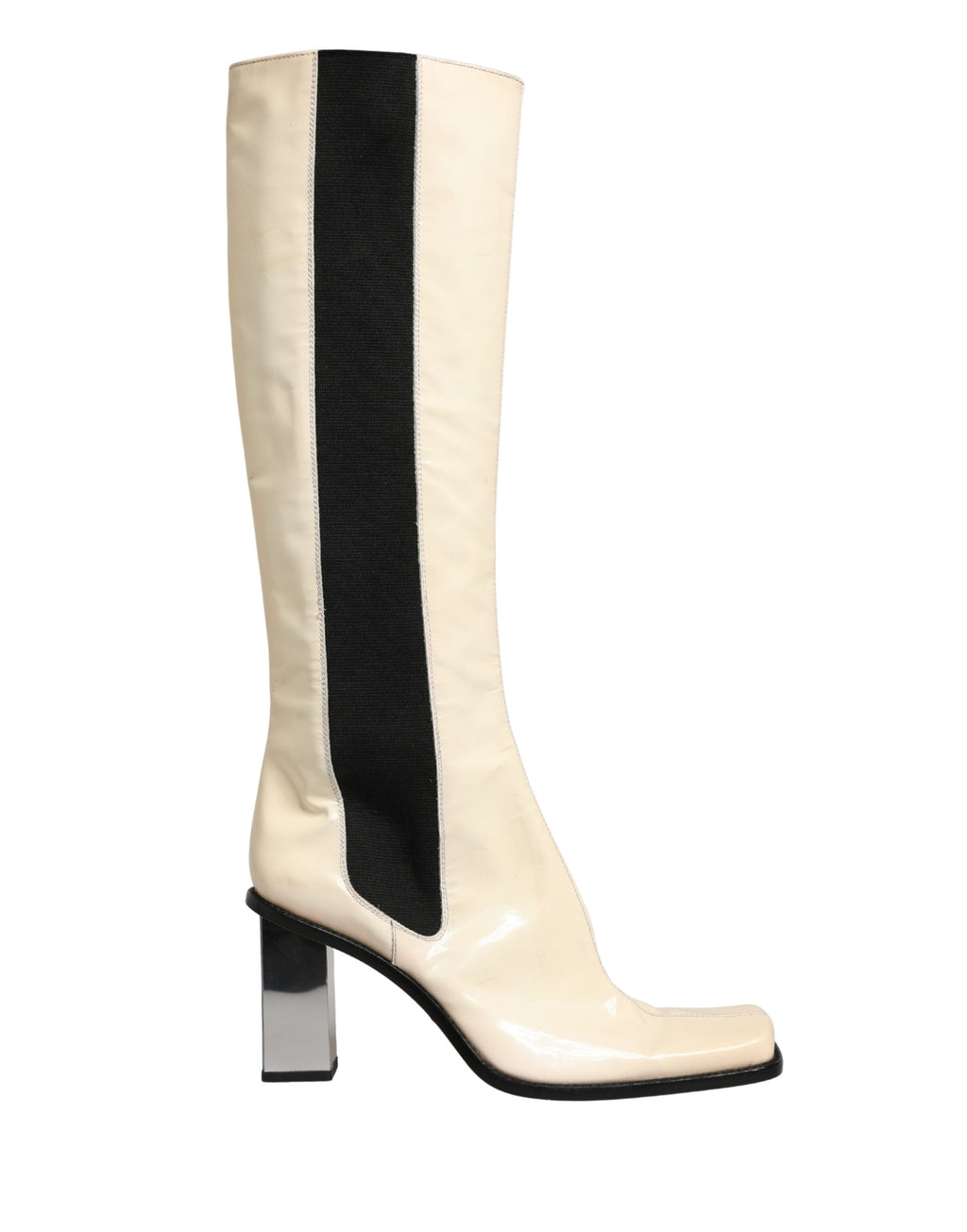 White Black Leather Knee High Boots Shoes