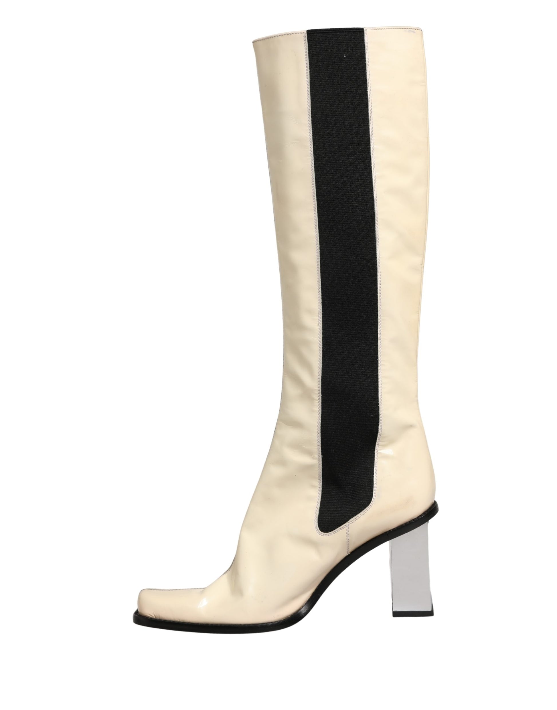 White Black Leather Knee High Boots Shoes