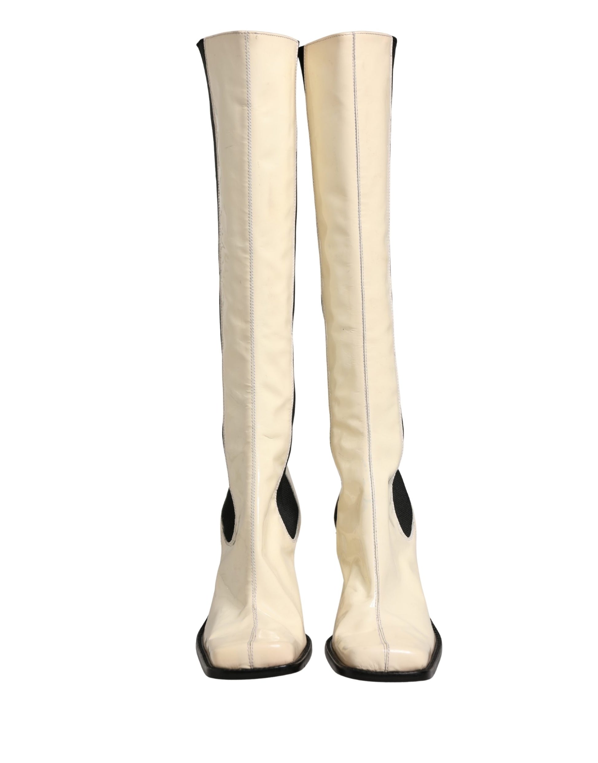 White Black Leather Knee High Boots Shoes