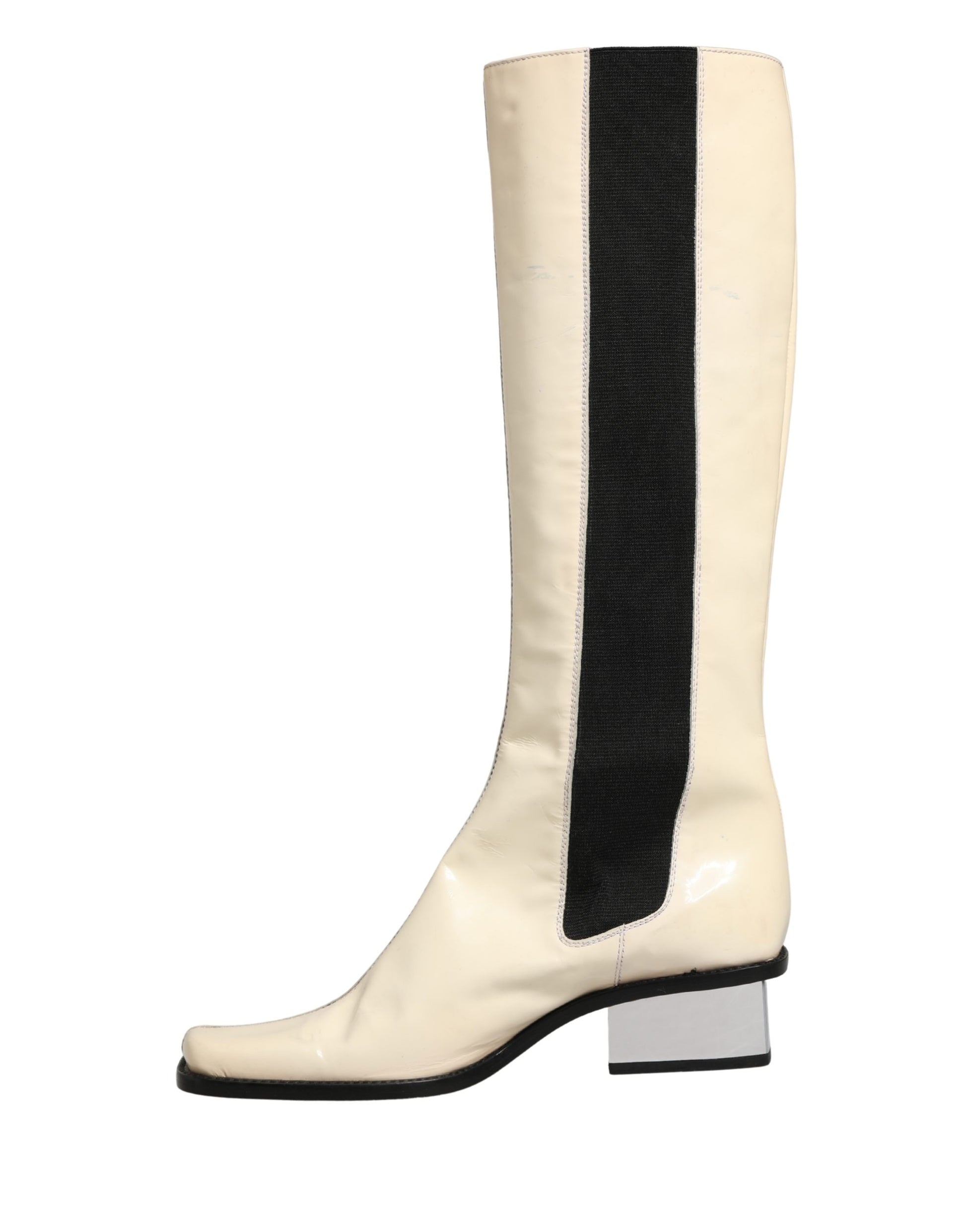White Black Leather Knee High Boots Shoes