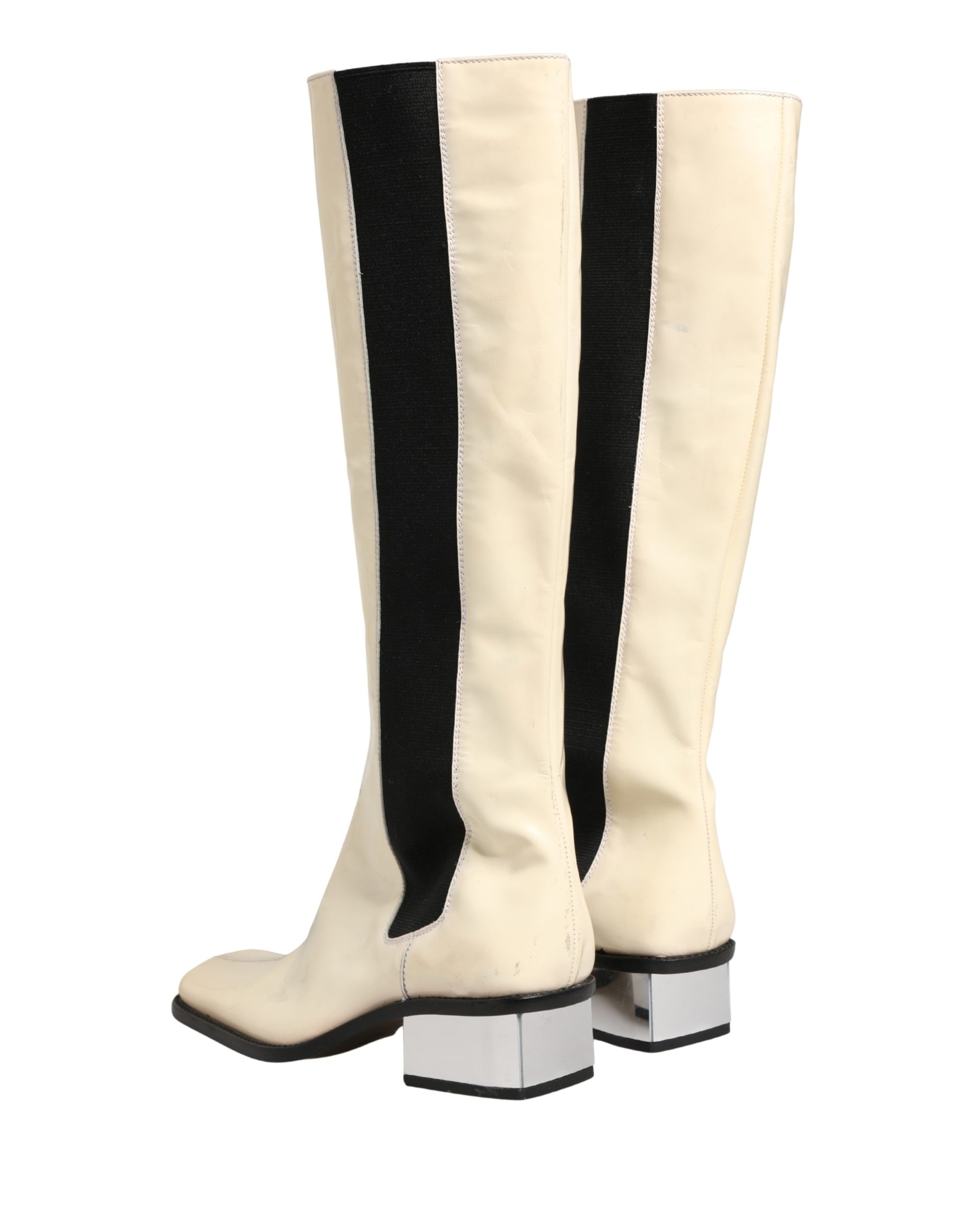 White Black Leather Knee High Boots Shoes