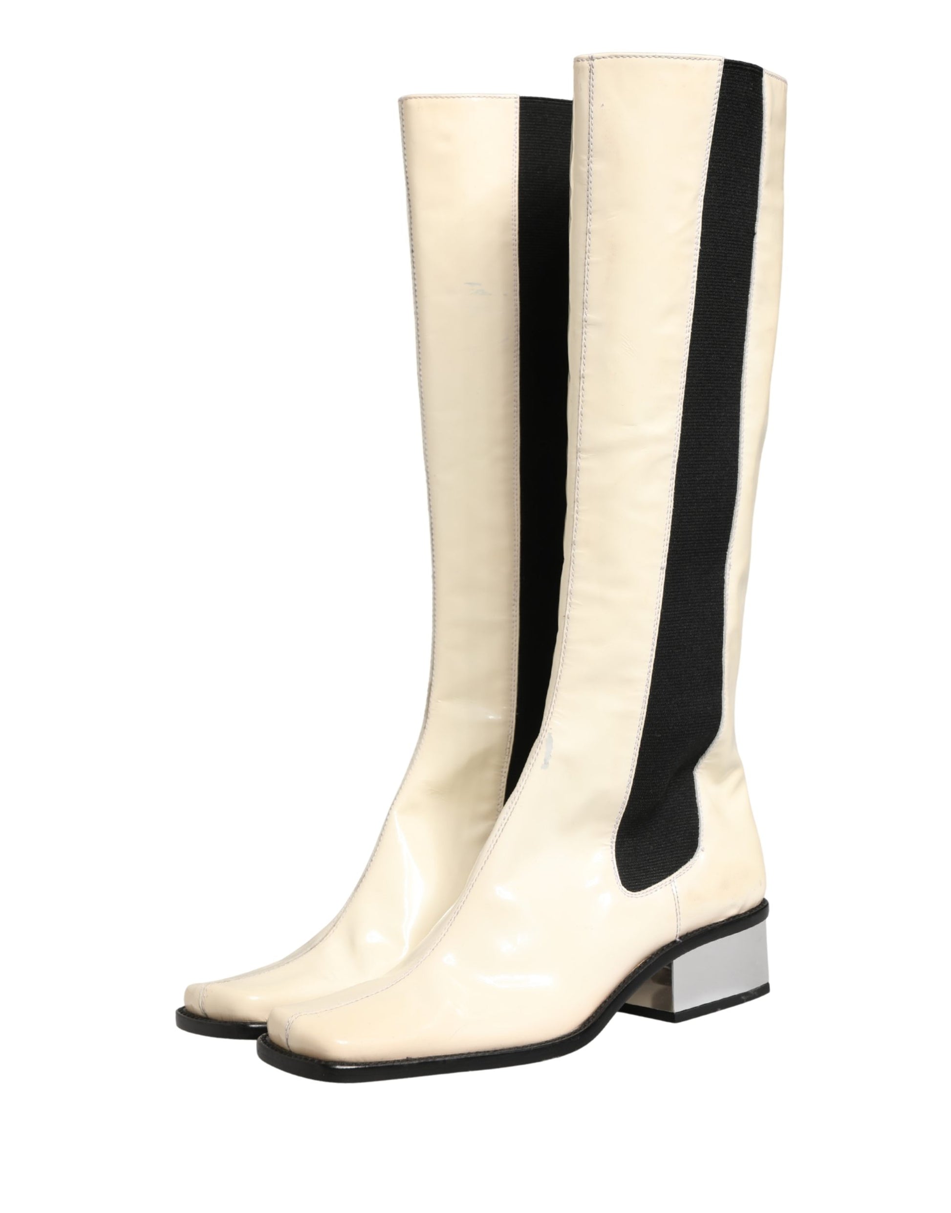 White Black Leather Knee High Boots Shoes
