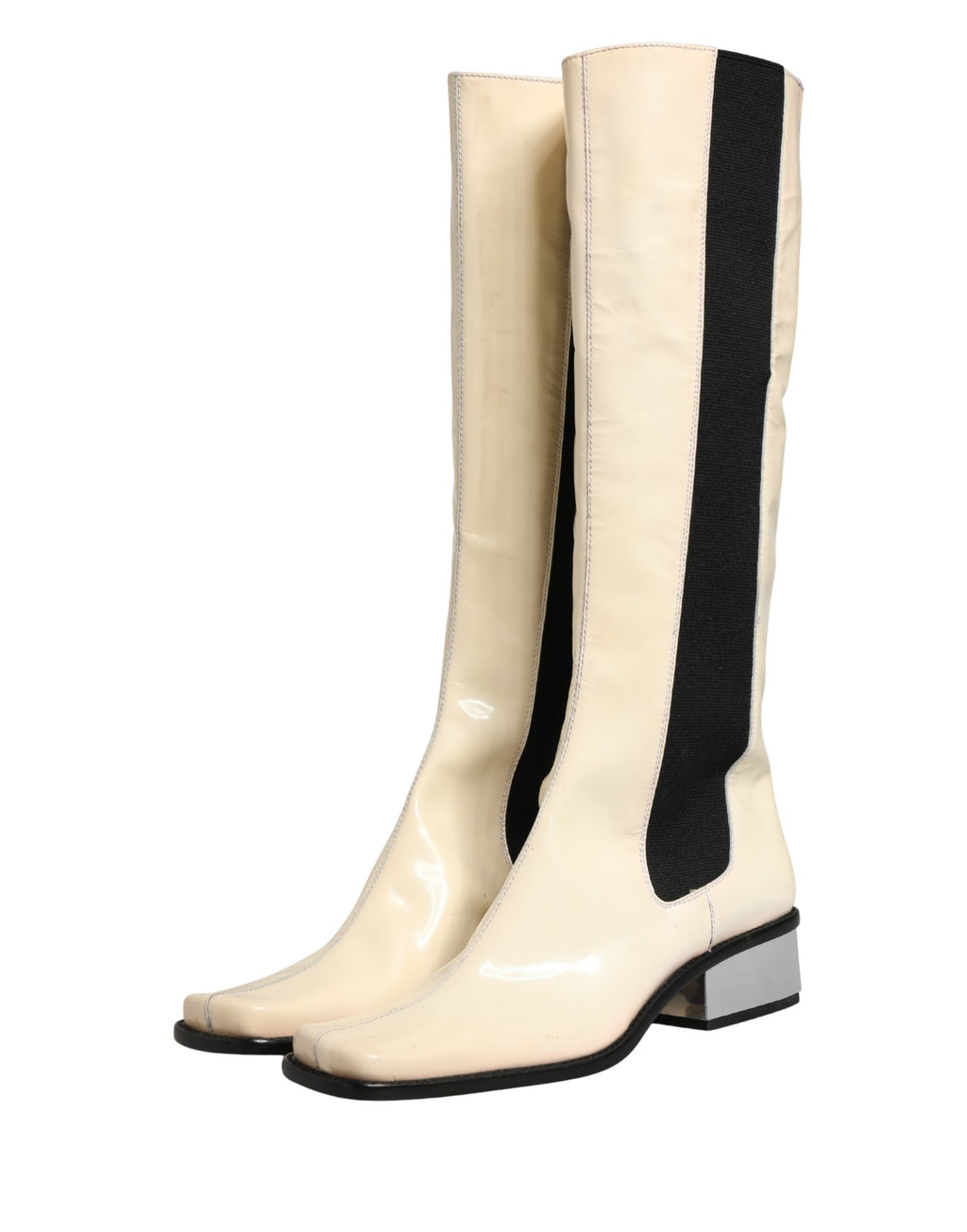 White Black Leather Knee High Boots Shoes