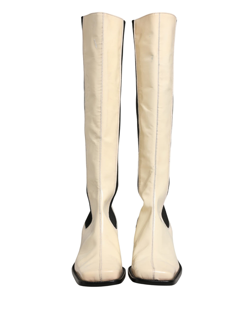White Black Leather Knee High Boots Shoes