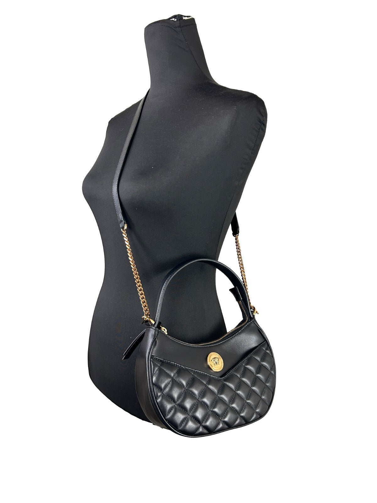 Versace Quilted Black Leather Half Moon Chain Crossbody Bag