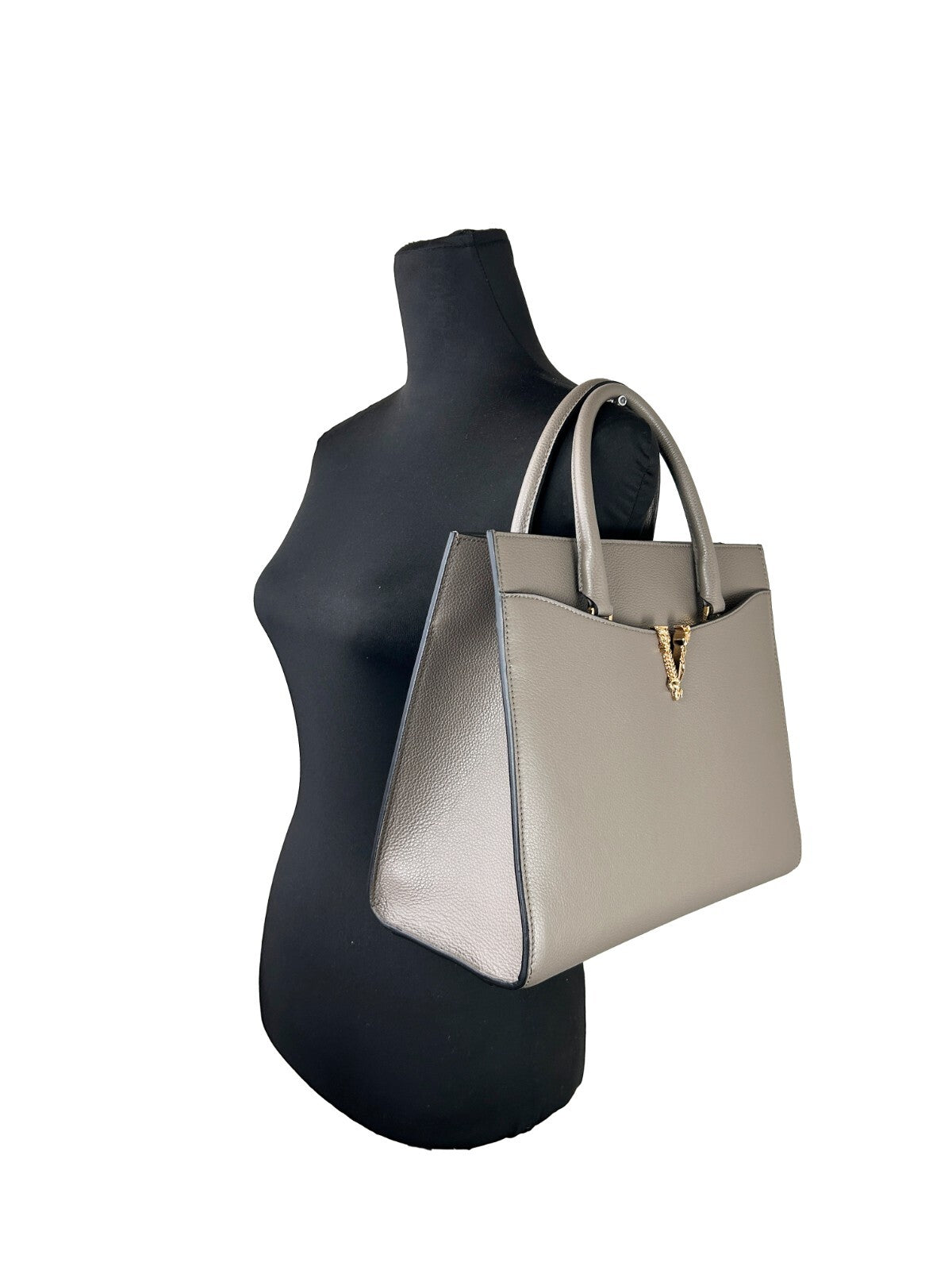 Versace Virtus Large Leather Top Handle Satchel Bag Tote Gray