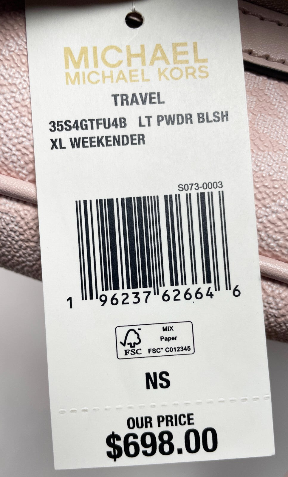 Michael Kors Travel Extra Large Powder Blush PVC Top Zip Weekender Luggage Bag