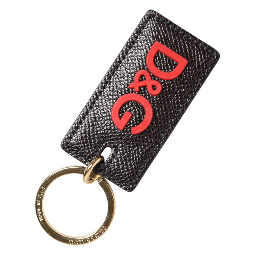 Black Calf Leather Logo Metal Ring Men Keychain Keyring