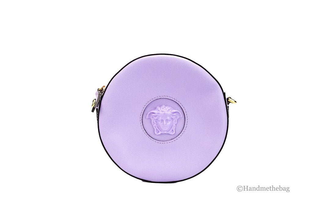Versace Round Disco Lilac Pebbled Leather Camera Case Crossbody Bag Purse