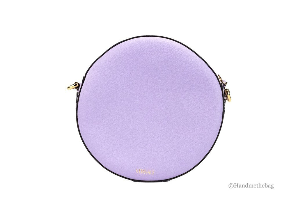 Versace Round Disco Lilac Pebbled Leather Camera Case Crossbody Bag Purse