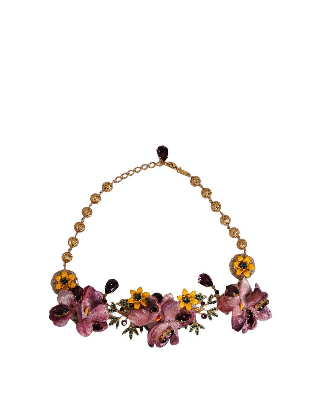 Gold Brass Mix Fiori Flowers Crystal Chain Necklace