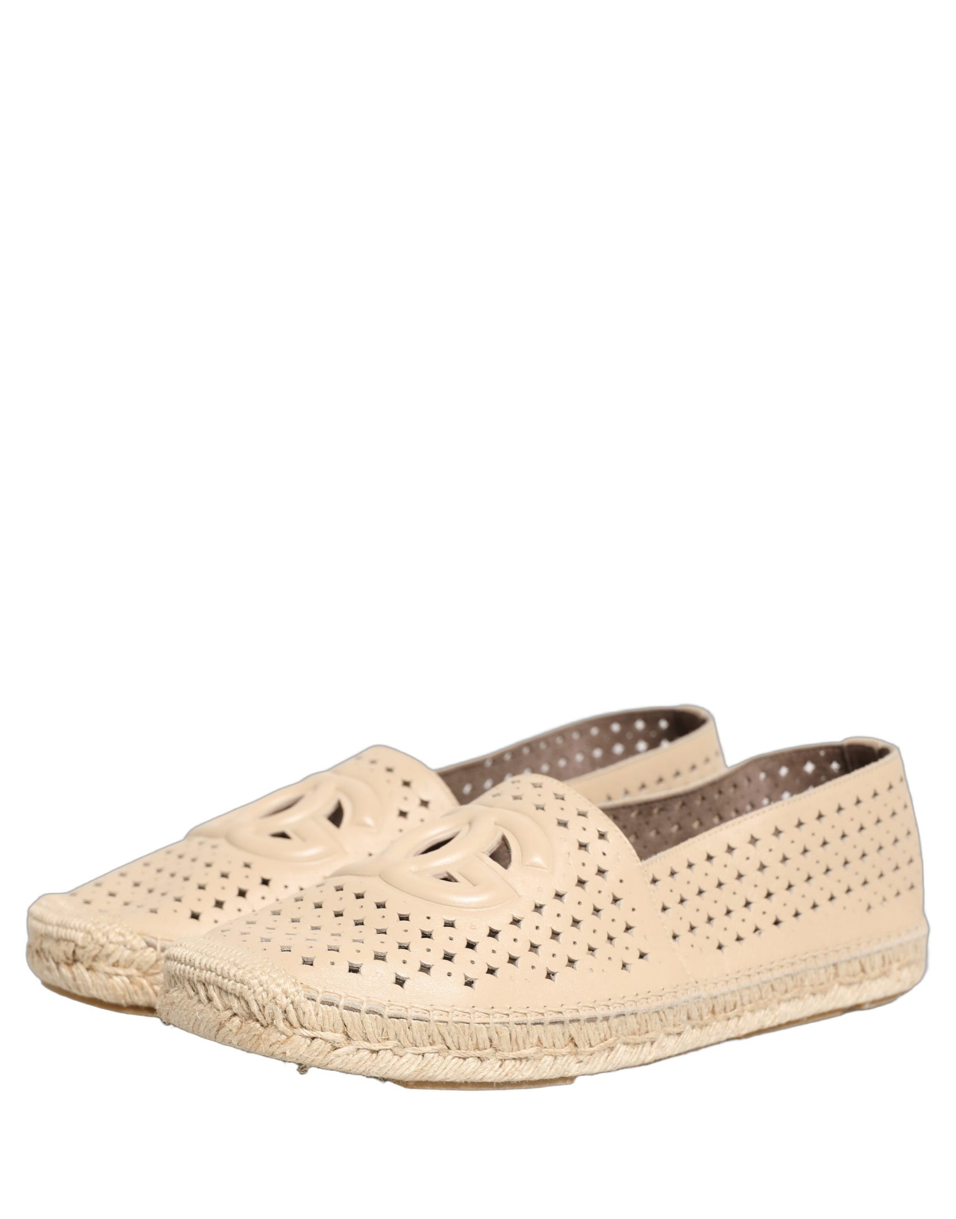 Beige Leather Cutout Logo Espadrilles Shoes