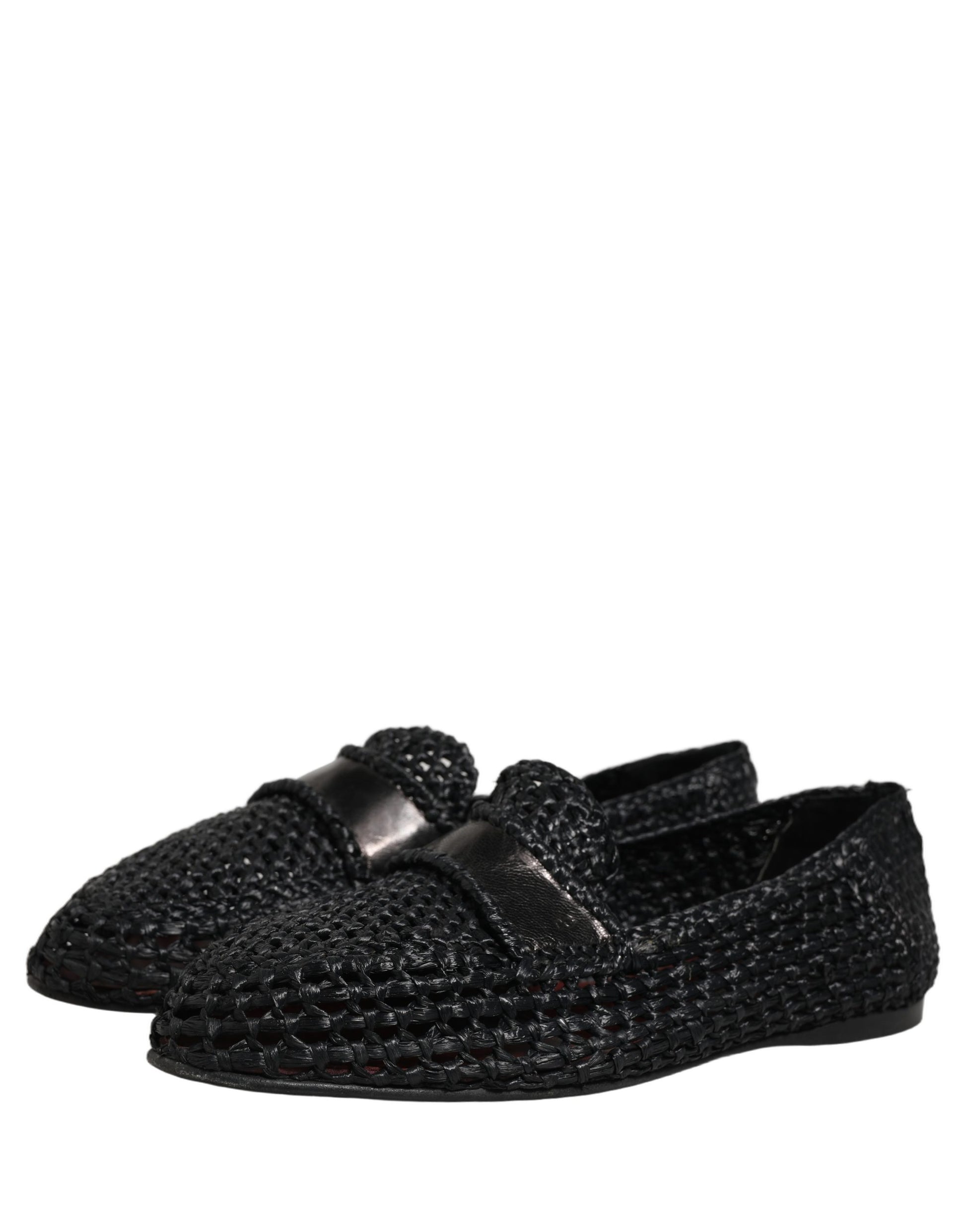 Black Woven Leather Slip On Loafers Men Shoes