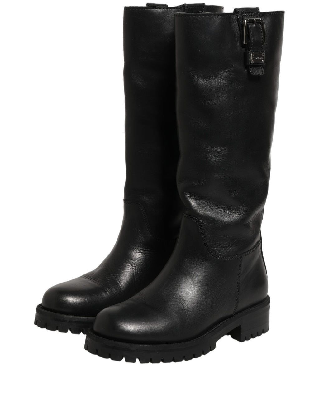 Black Leather Buckle Detail Mid Calf Boots Shoes