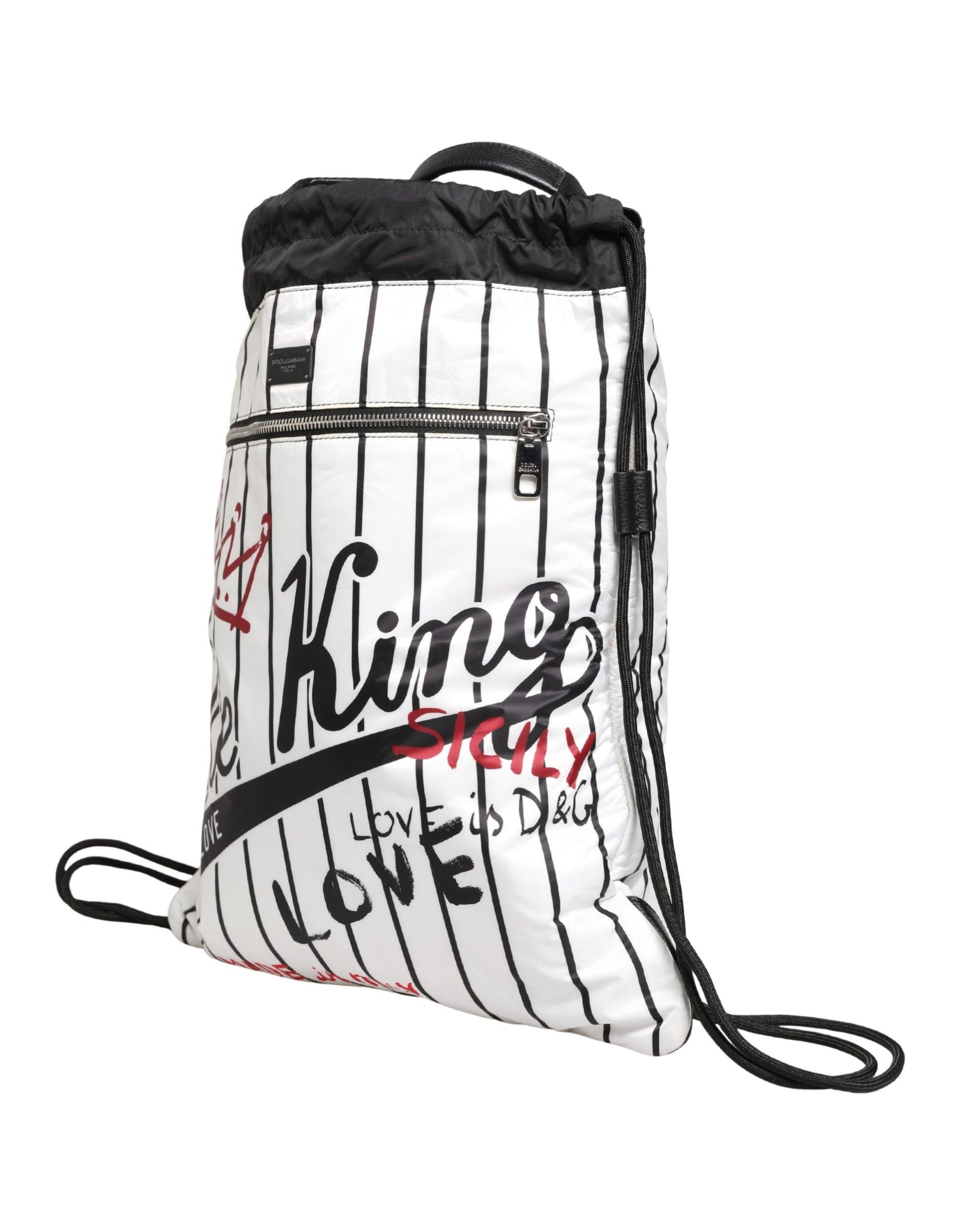 Black White Striped Polyester Drawstring Backpack Men Bag