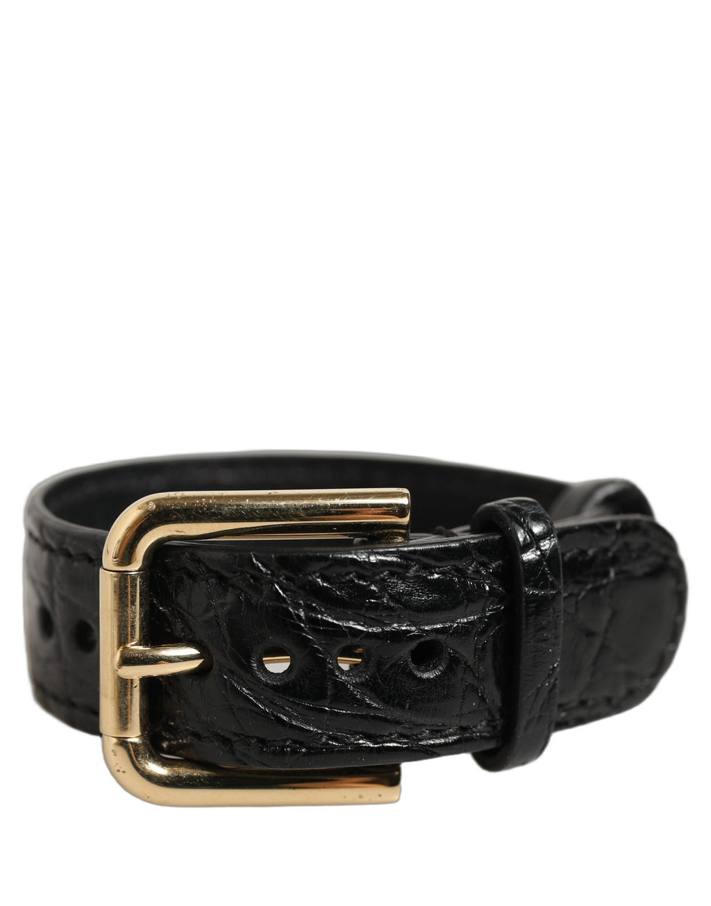 Black Textured Leather Gold Buckle Belt Strap Bracelet